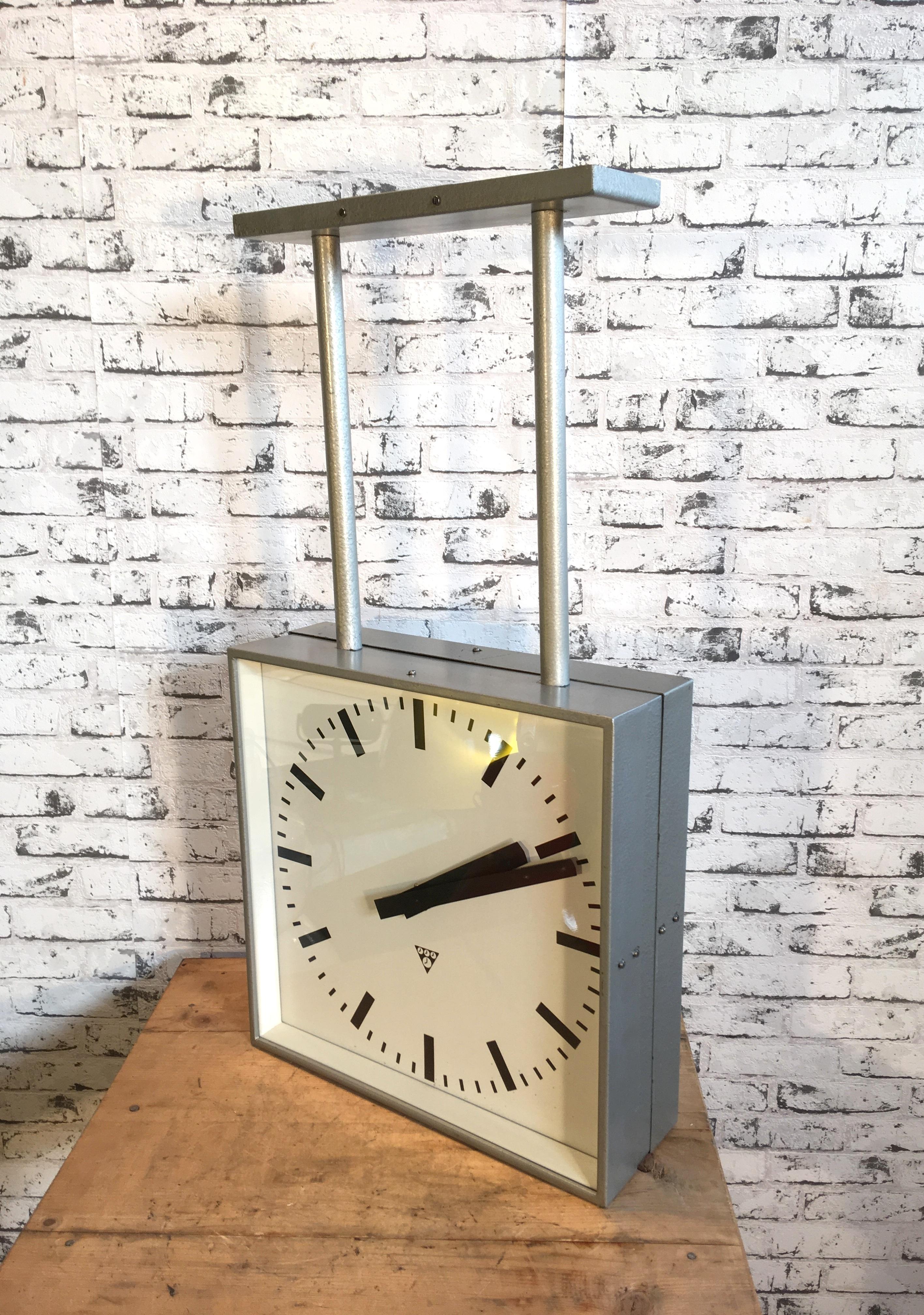 Large Industrial Square Double Sided Factory Clock from Pragotron, 1960s In Good Condition In Kojetice, CZ