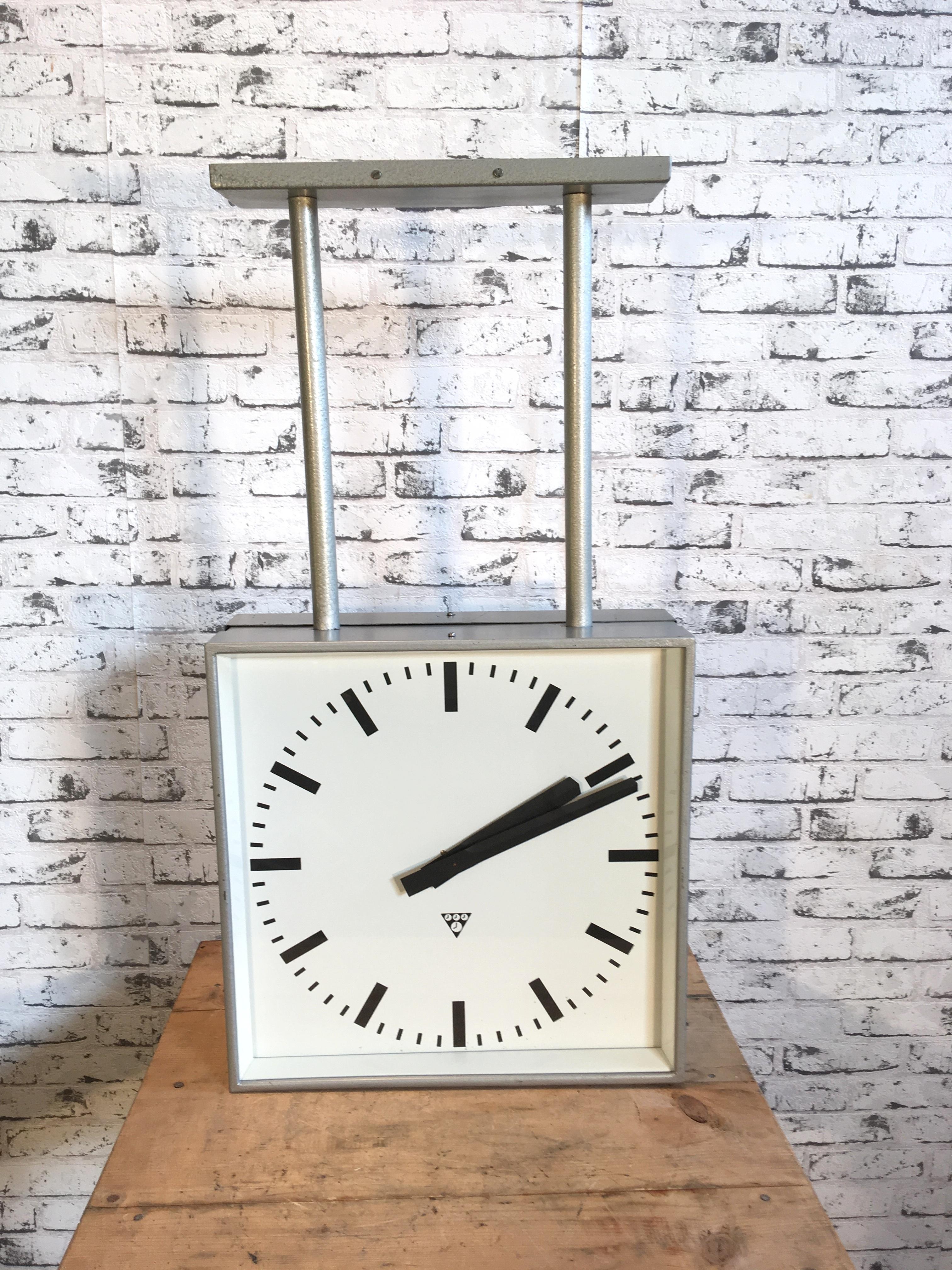 20th Century Large Industrial Square Double Sided Factory Clock from Pragotron, 1960s