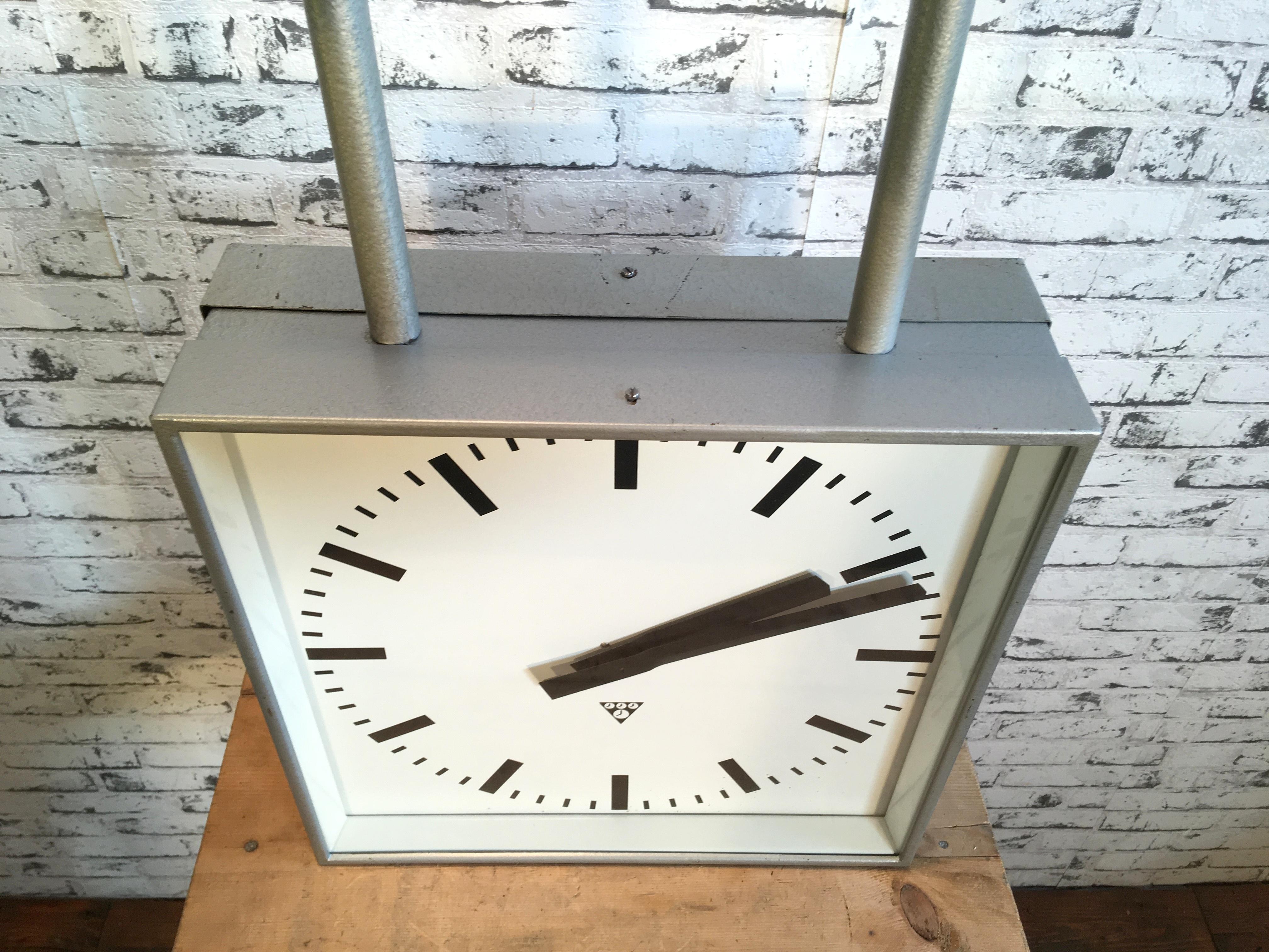 Large Industrial Square Double Sided Factory Clock from Pragotron, 1960s 1