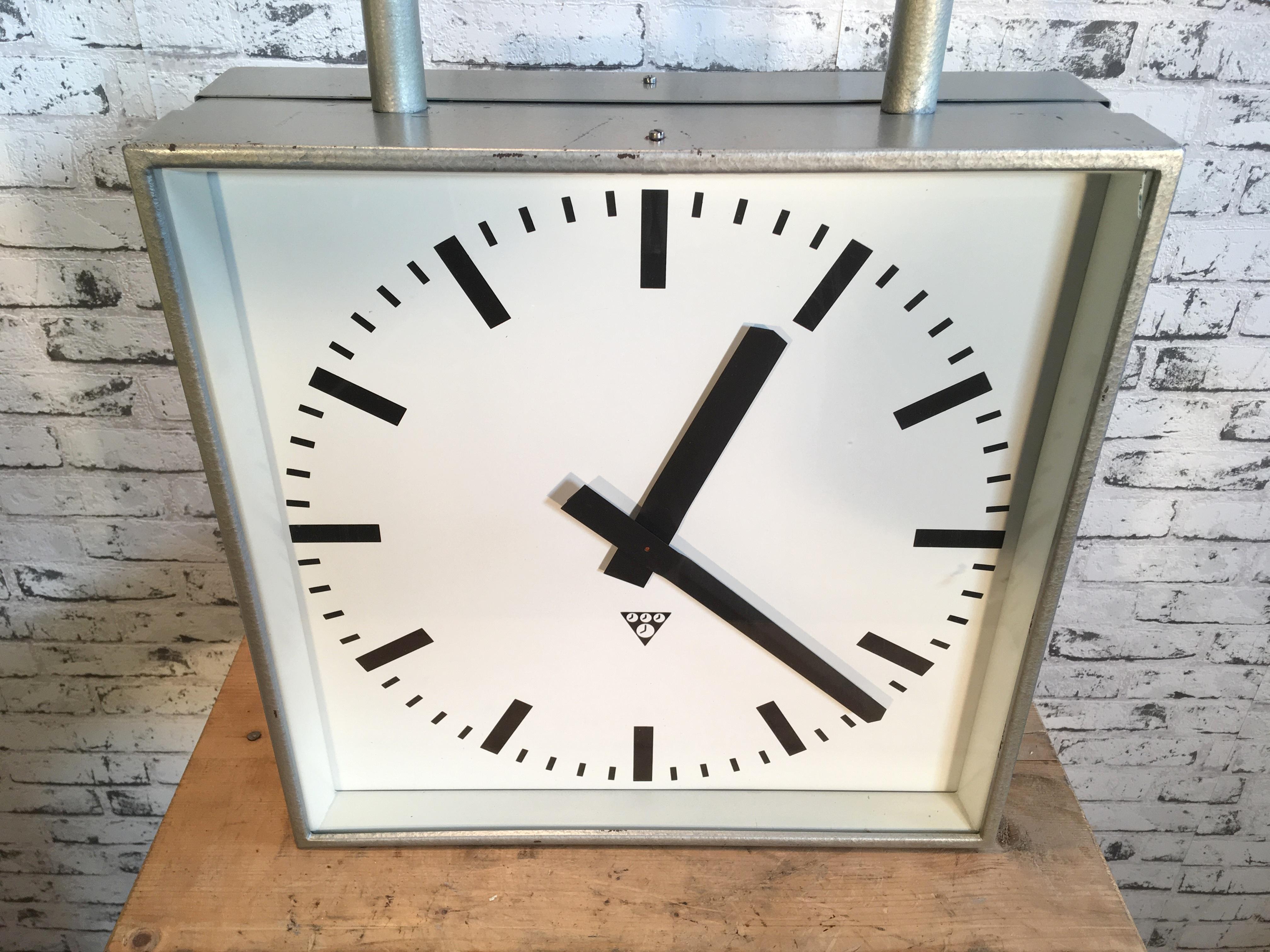 Large Industrial Square Double Sided Factory Clock from Pragotron, 1960s 3
