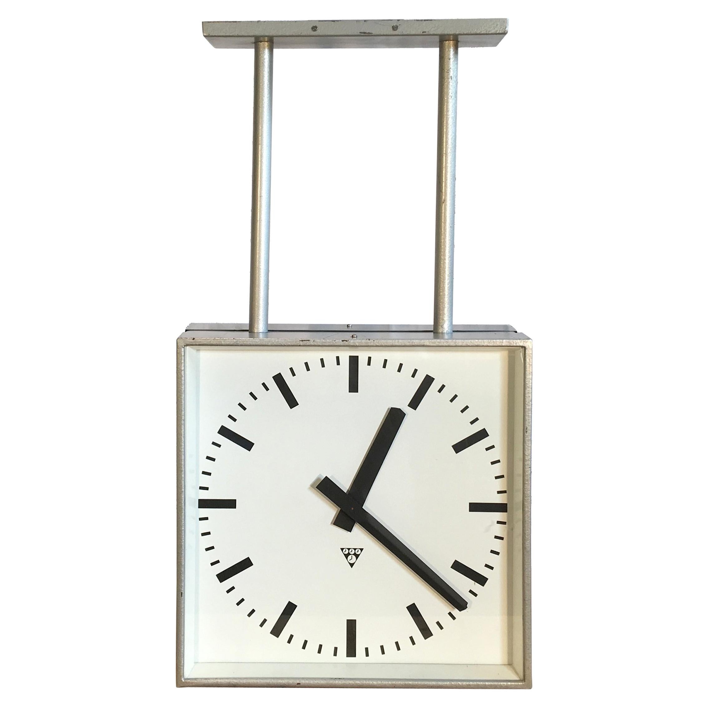 Large Industrial Square Double Sided Factory Clock from Pragotron, 1960s