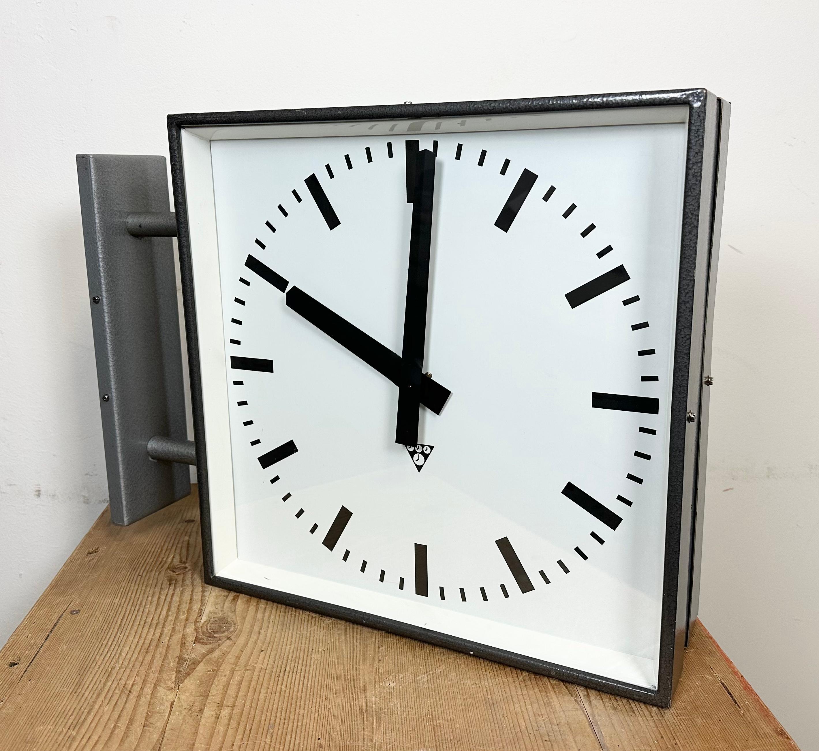 Large Industrial Square Double Sided Factory Wall Clock from Pragotron, 1970s 4