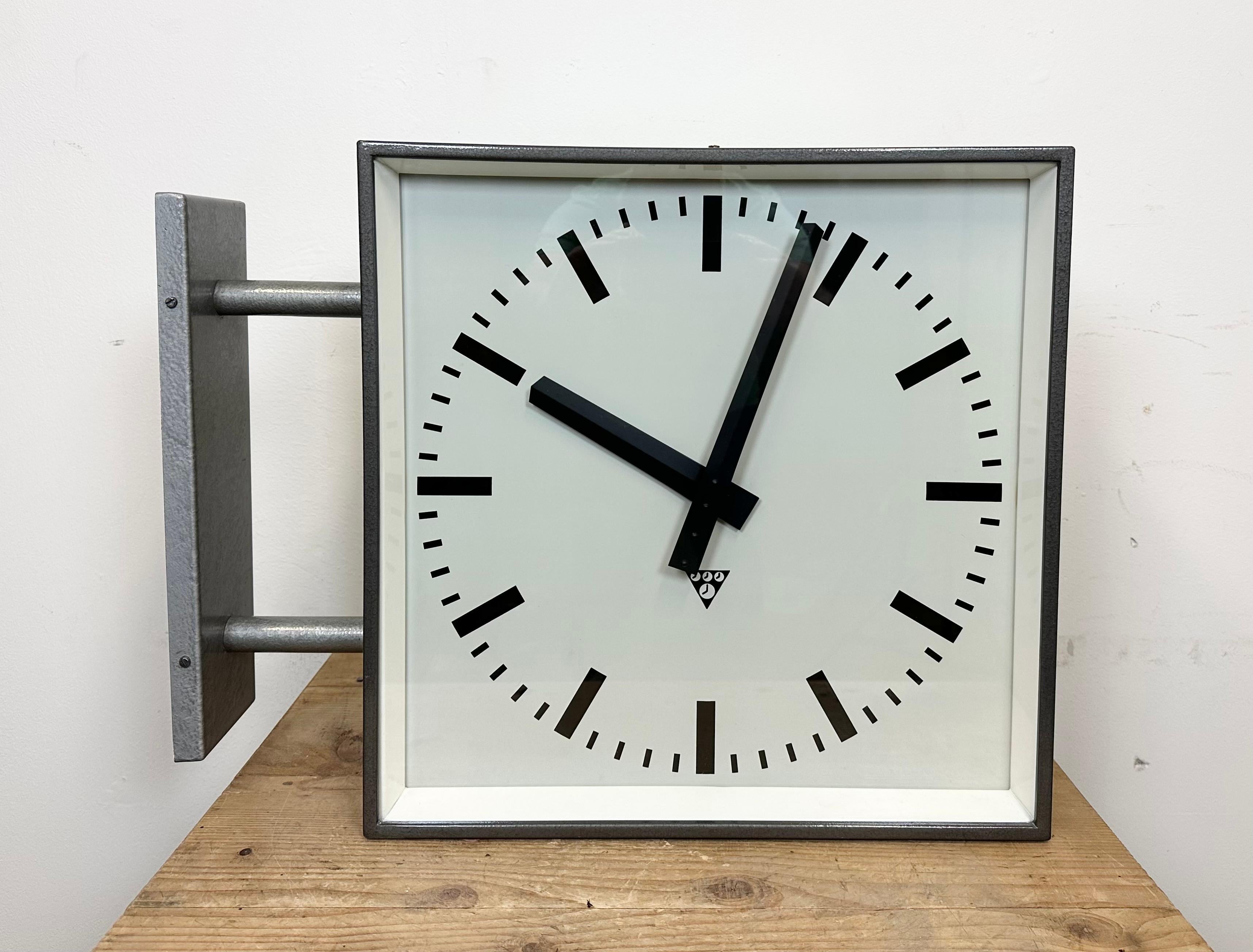 Large Industrial Square Double Sided Factory Wall Clock from Pragotron, 1970s For Sale 3