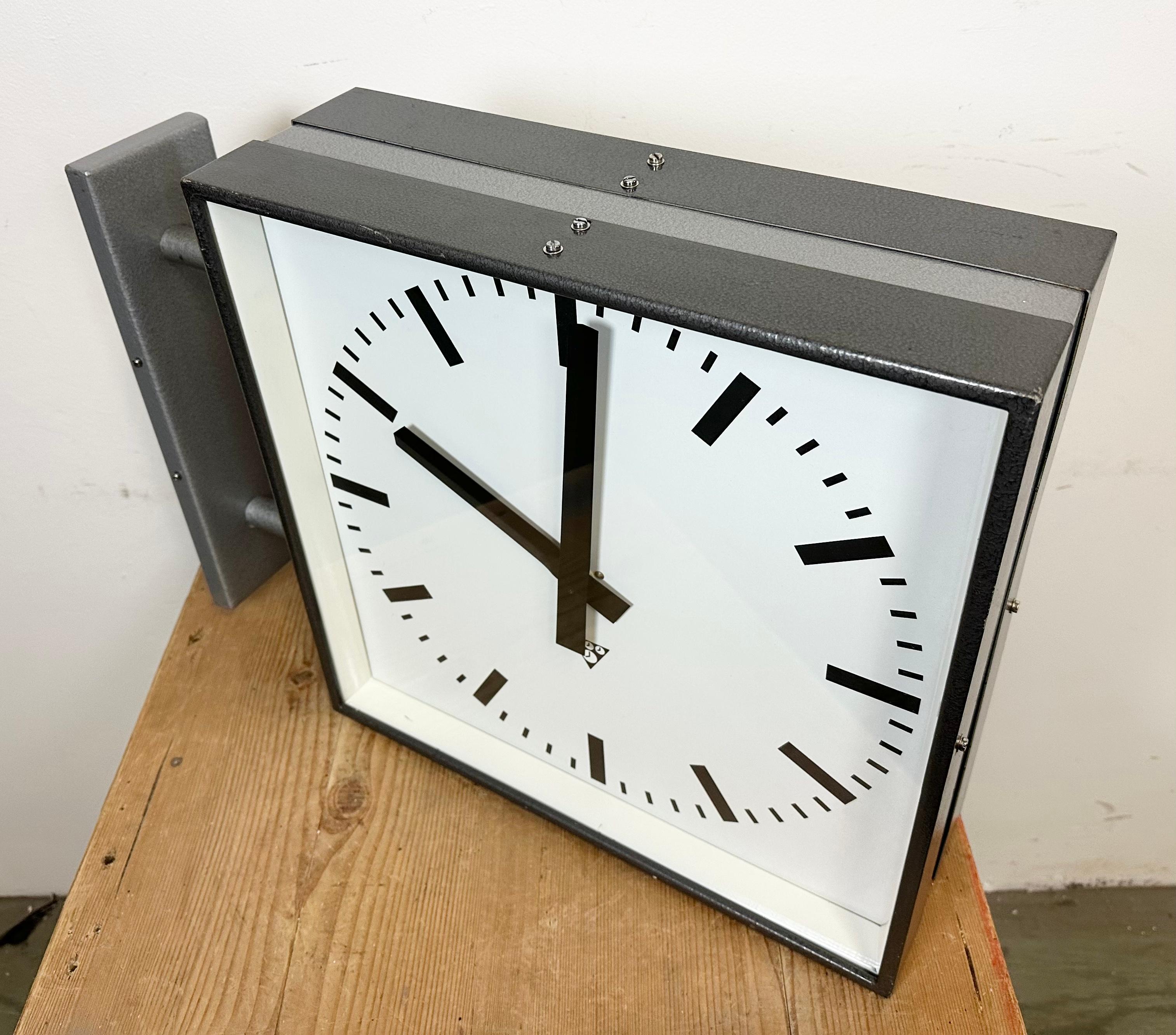 Large Industrial Square Double Sided Factory Wall Clock from Pragotron, 1970s 5