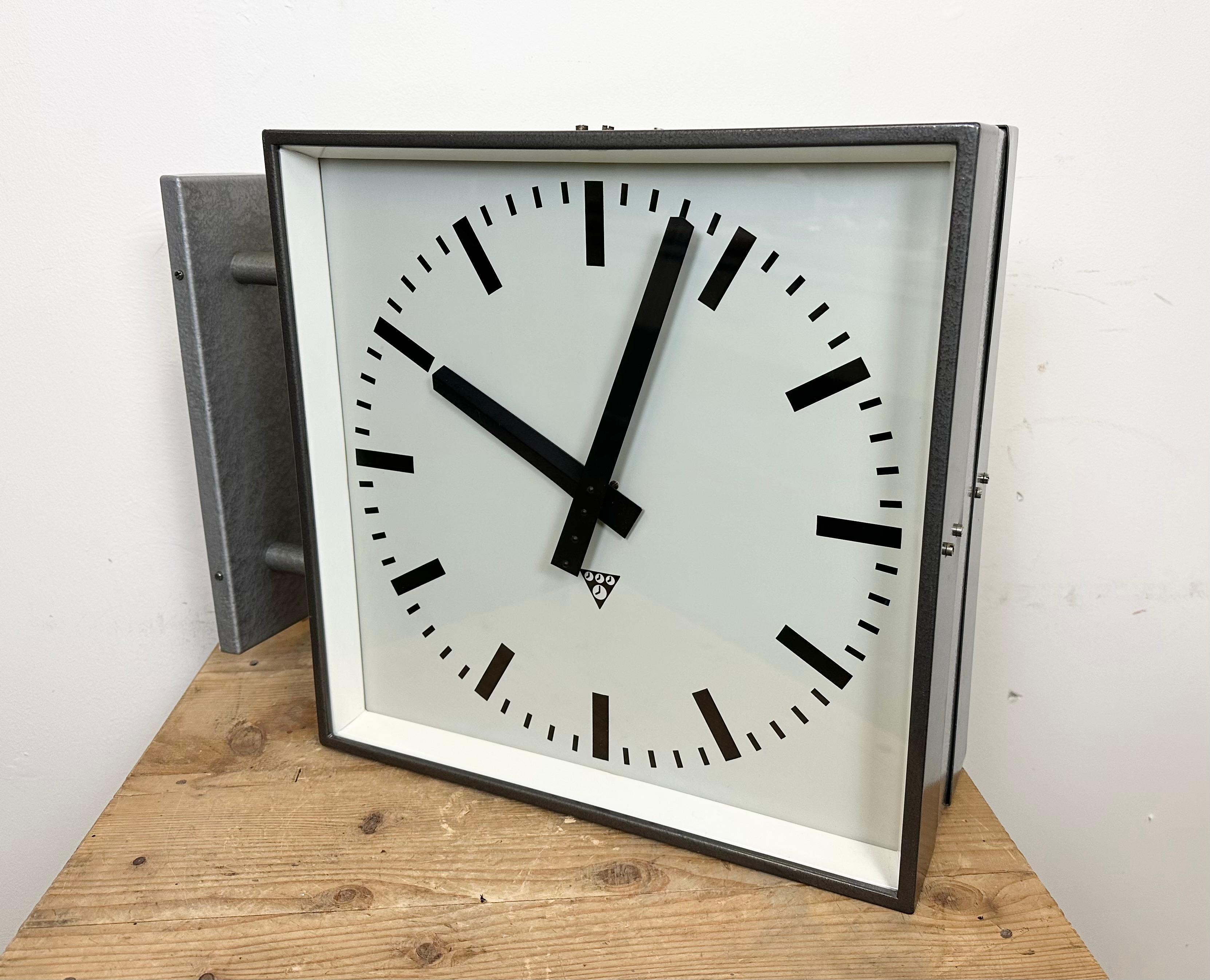 Large Industrial Square Double Sided Factory Wall Clock from Pragotron, 1970s For Sale 4