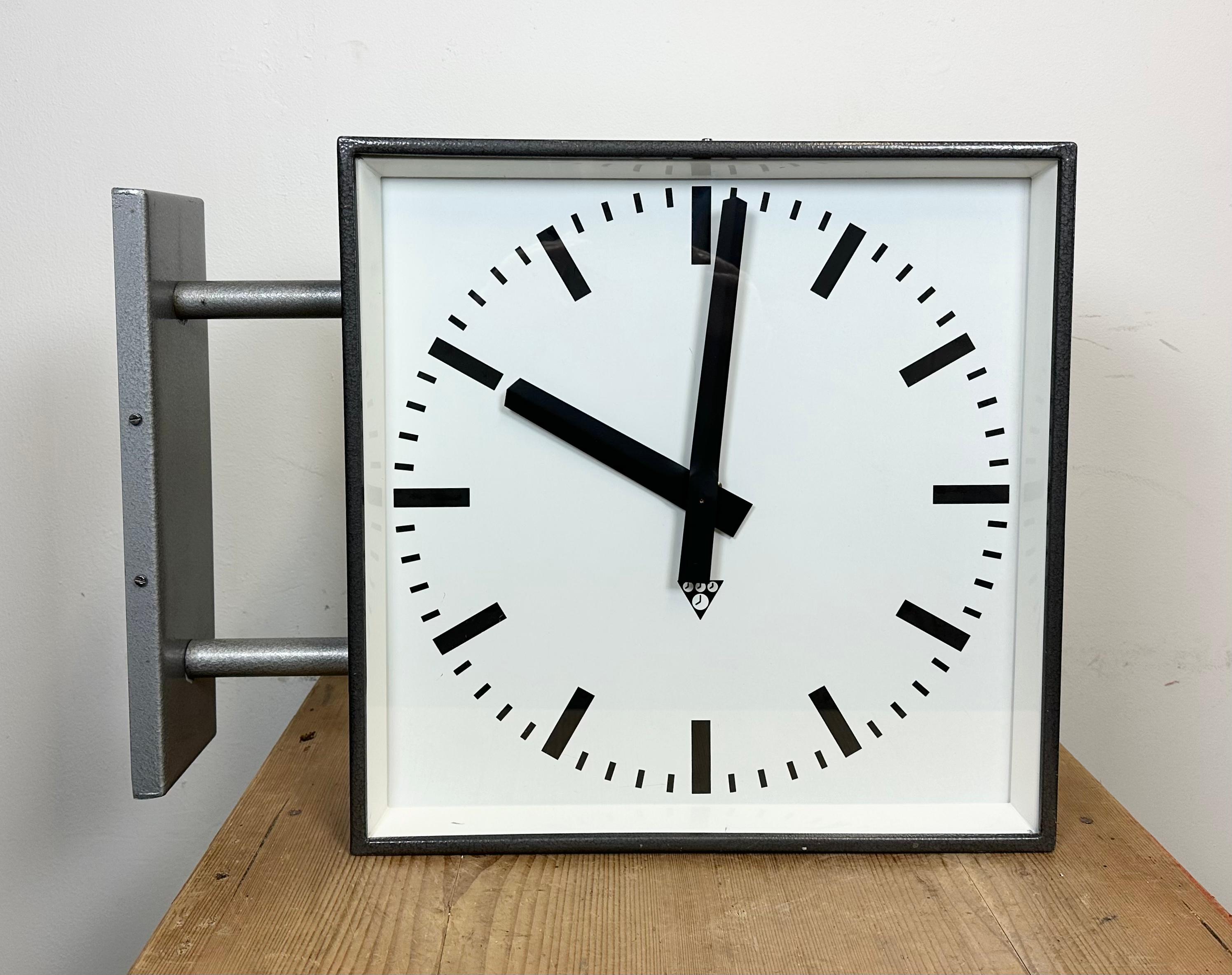 Large Industrial Square Double Sided Factory Wall Clock from Pragotron, 1970s 6
