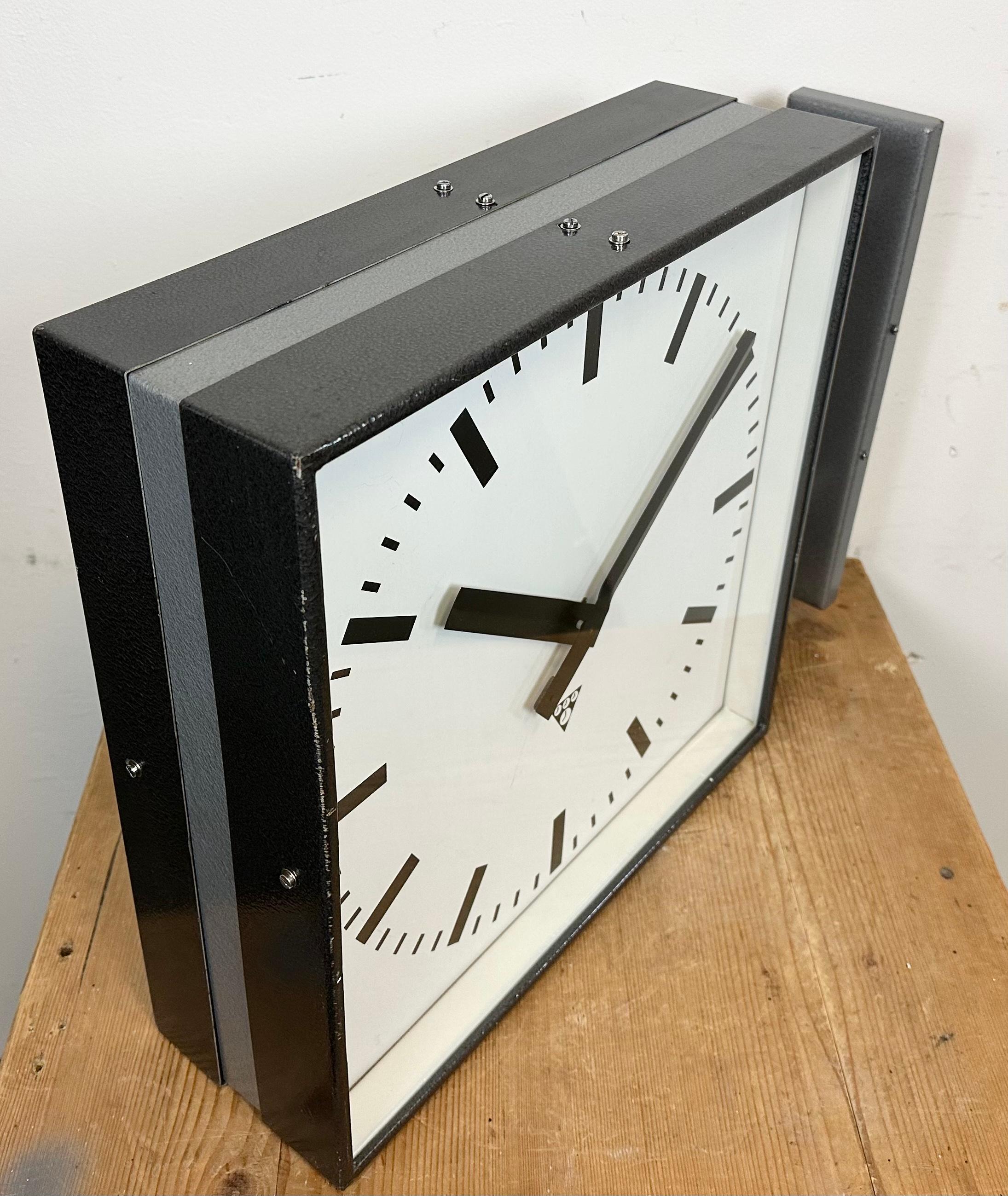 Large Industrial Square Double Sided Factory Wall Clock from Pragotron, 1970s 7