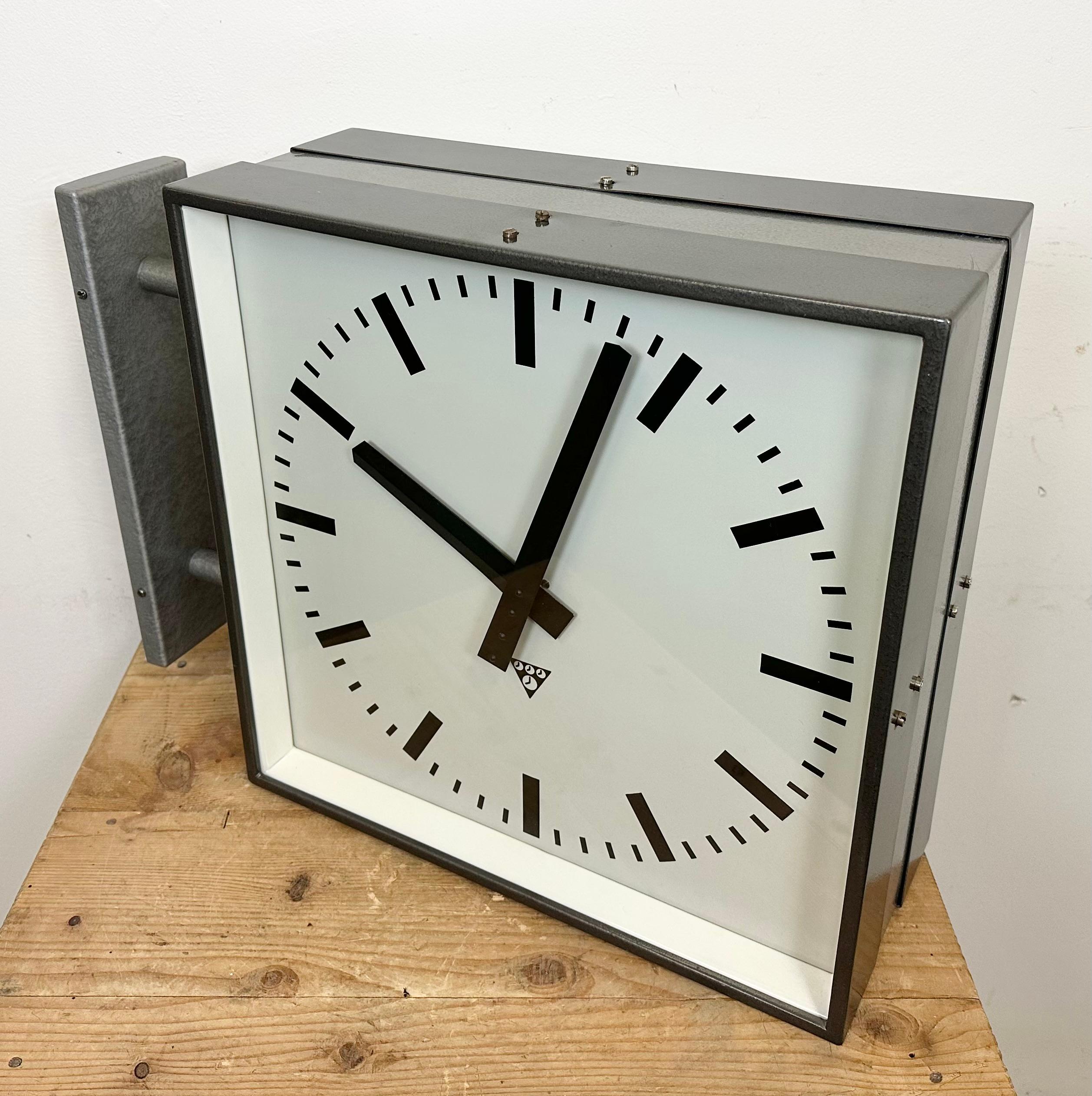 Large Industrial Square Double Sided Factory Wall Clock from Pragotron, 1970s For Sale 6