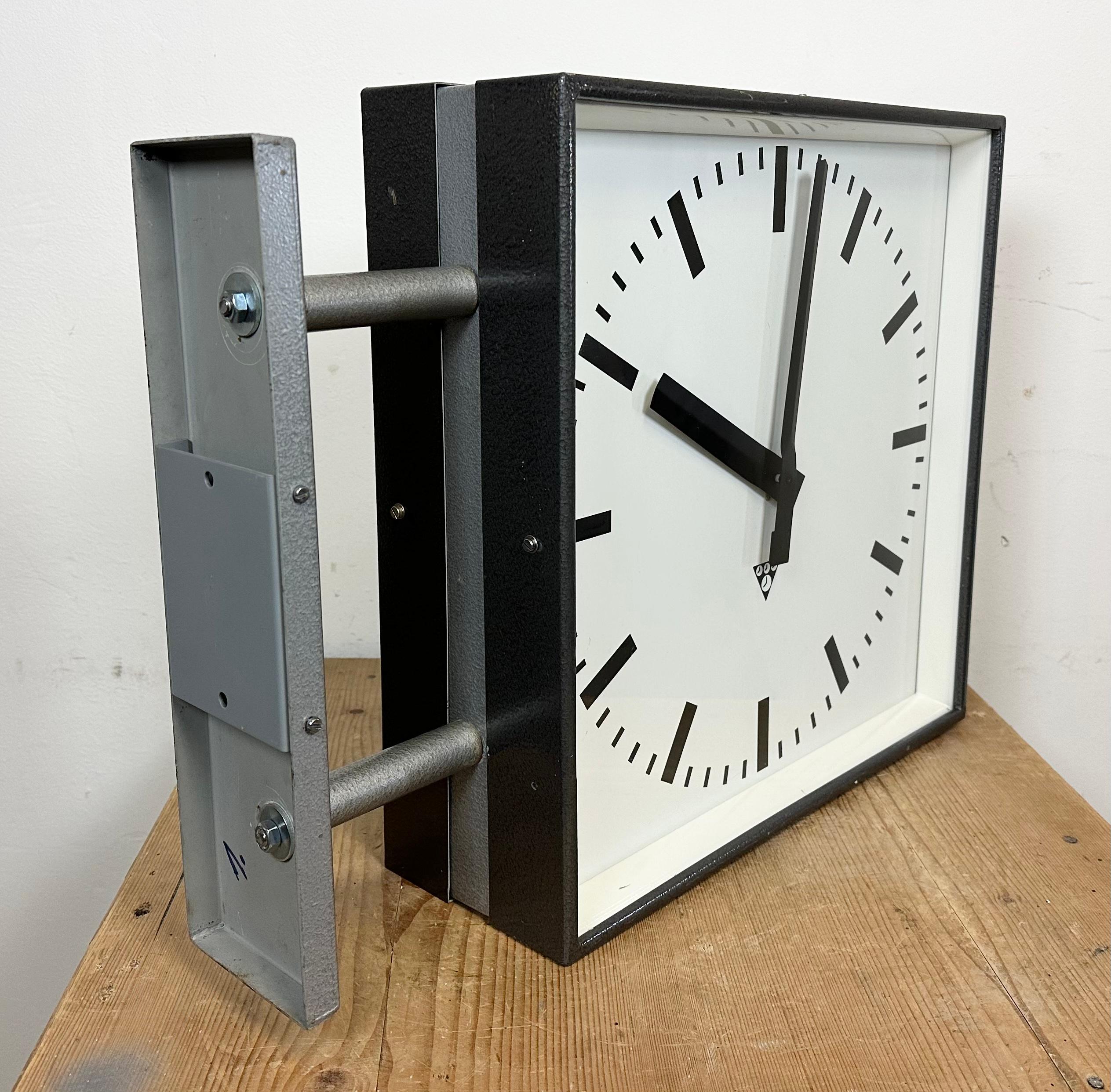 Large Industrial Square Double Sided Factory Wall Clock from Pragotron, 1970s 8