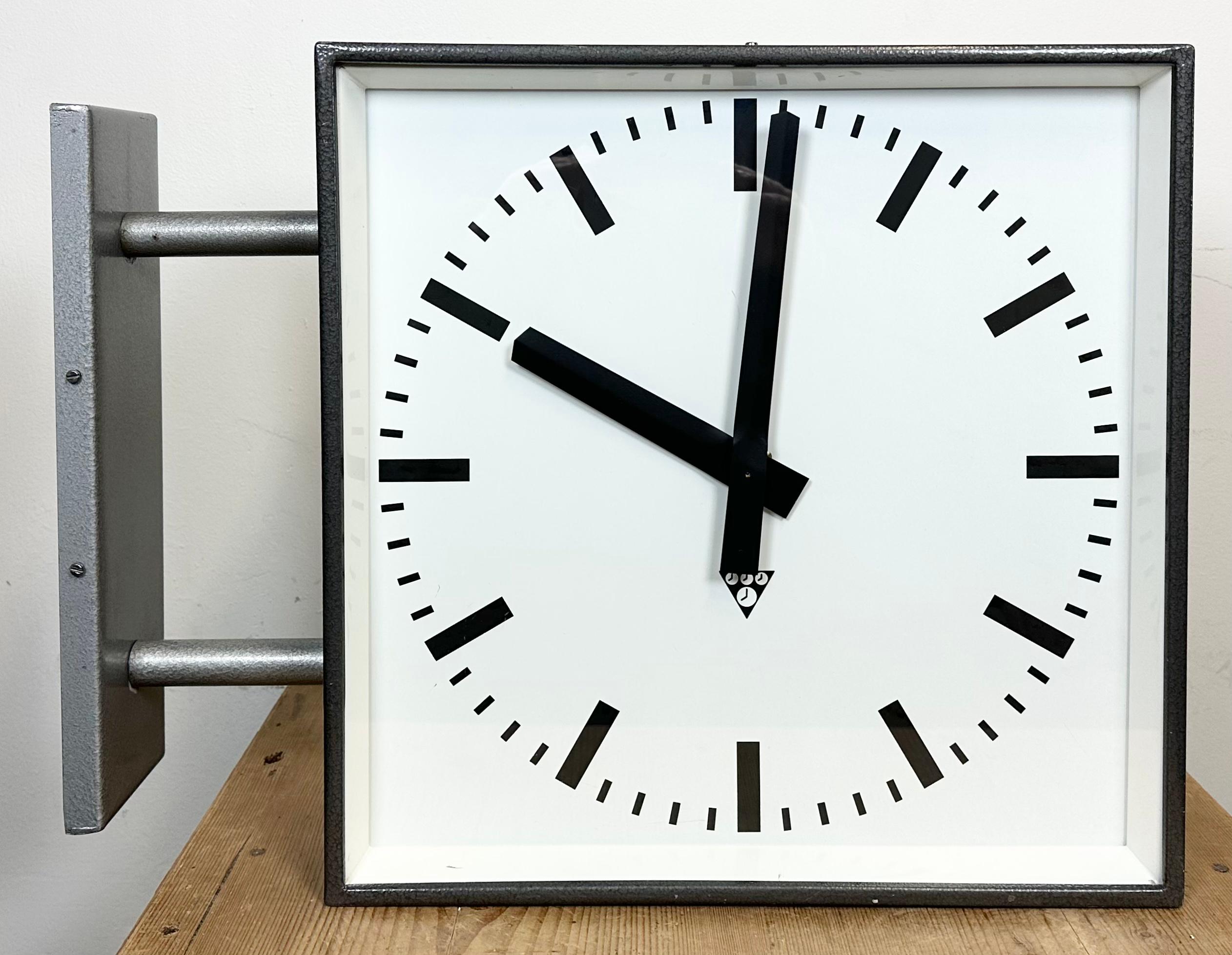 Large Industrial Square Double Sided Factory Wall Clock from Pragotron, 1970s 9
