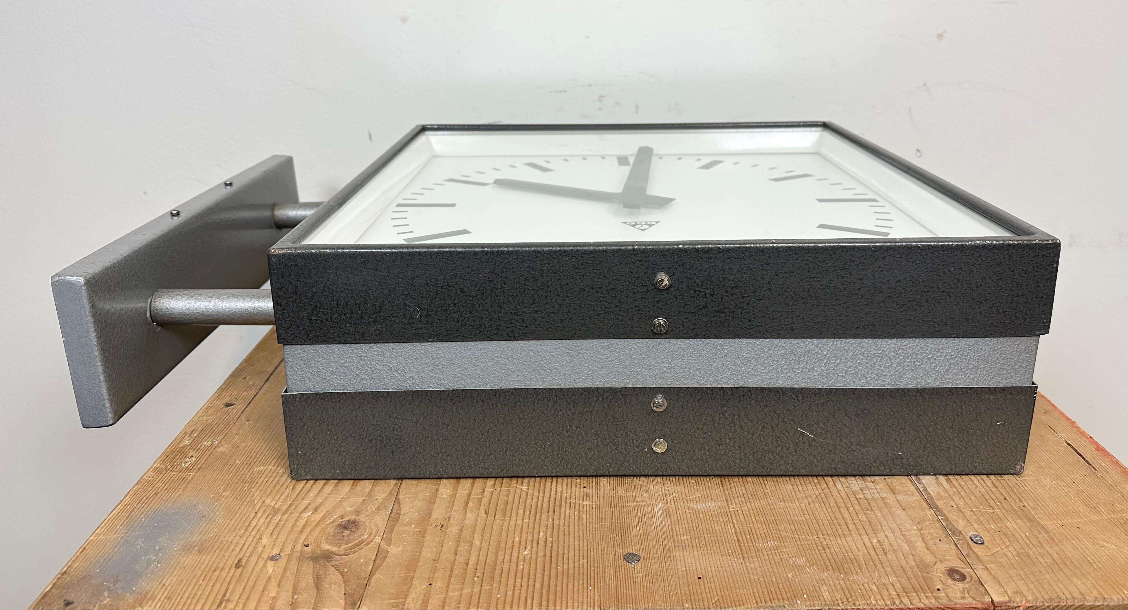 Large Industrial Square Double Sided Factory Wall Clock from Pragotron, 1970s 11