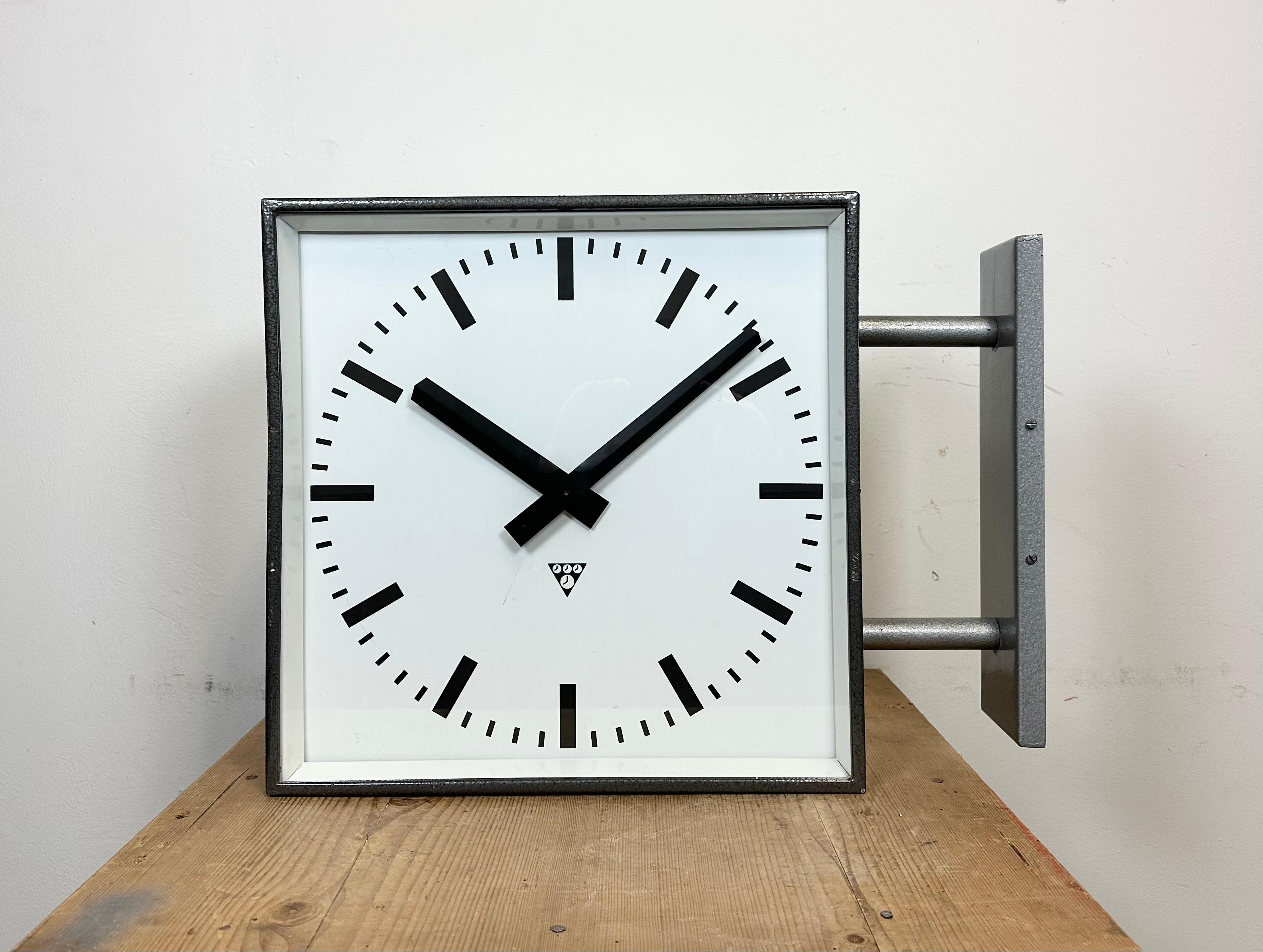 Czech Large Industrial Square Double Sided Factory Wall Clock from Pragotron, 1970s