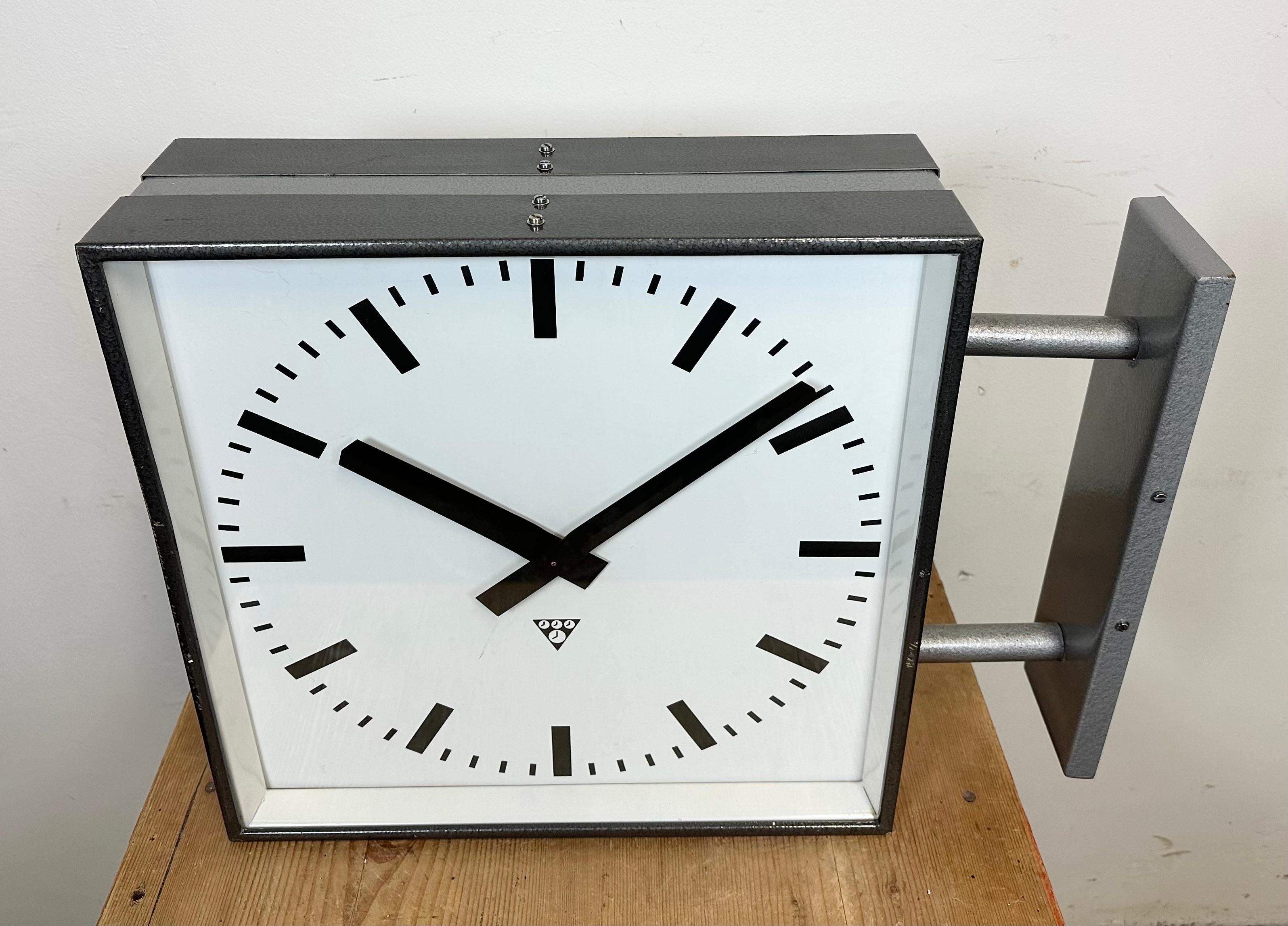 Large Industrial Square Double Sided Factory Wall Clock from Pragotron, 1970s In Good Condition In Kojetice, CZ