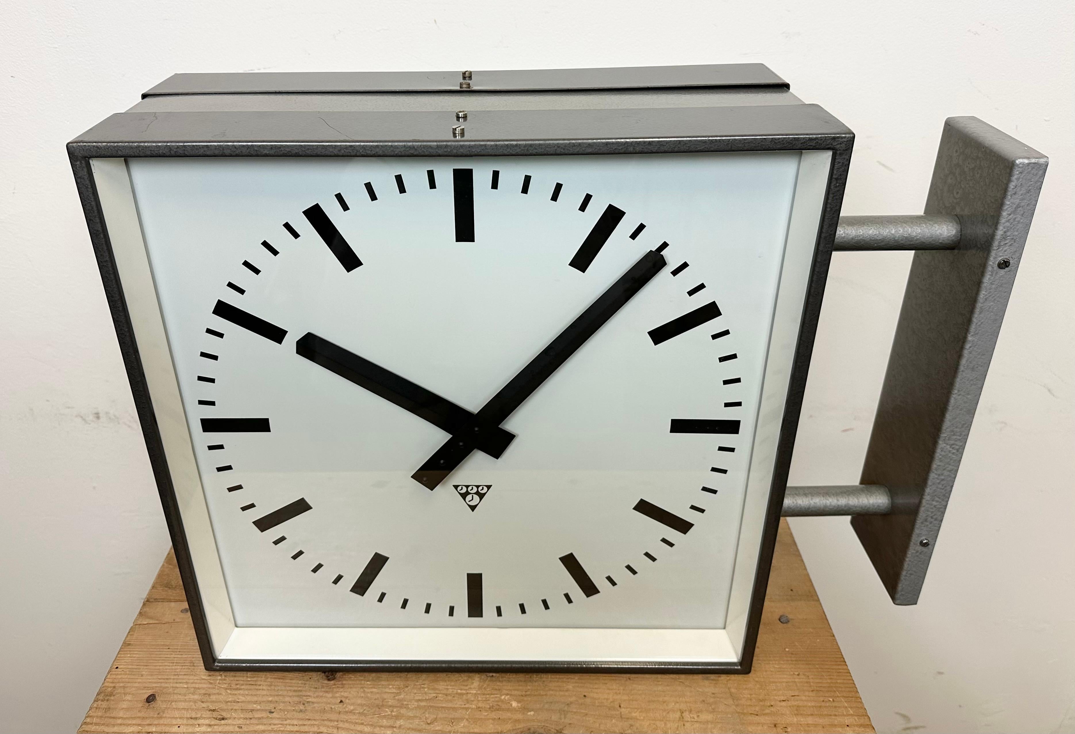Czech Large Industrial Square Double Sided Factory Wall Clock from Pragotron, 1970s For Sale