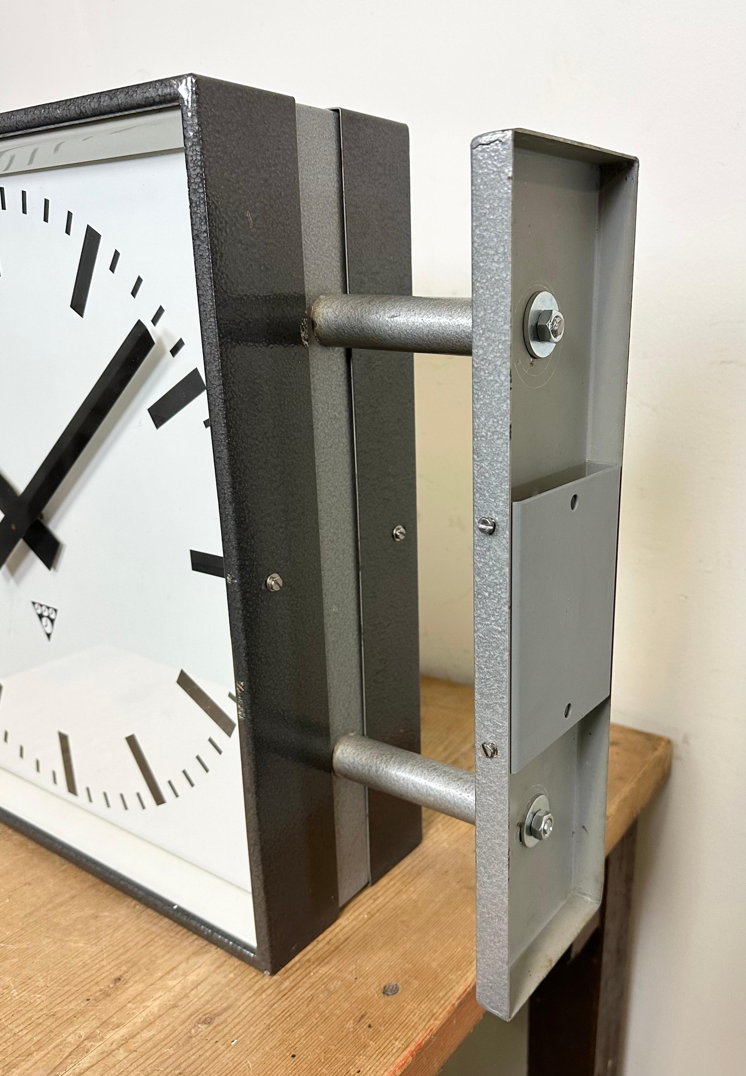 Late 20th Century Large Industrial Square Double Sided Factory Wall Clock from Pragotron, 1970s