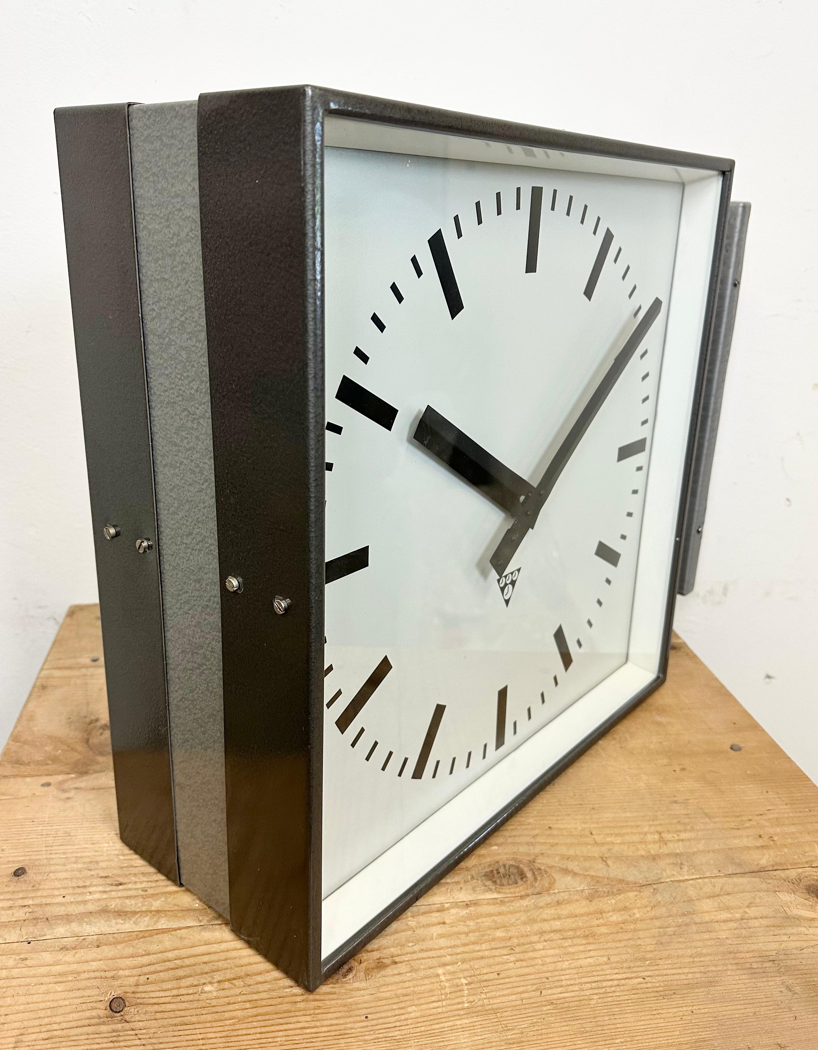 Late 20th Century Large Industrial Square Double Sided Factory Wall Clock from Pragotron, 1970s For Sale