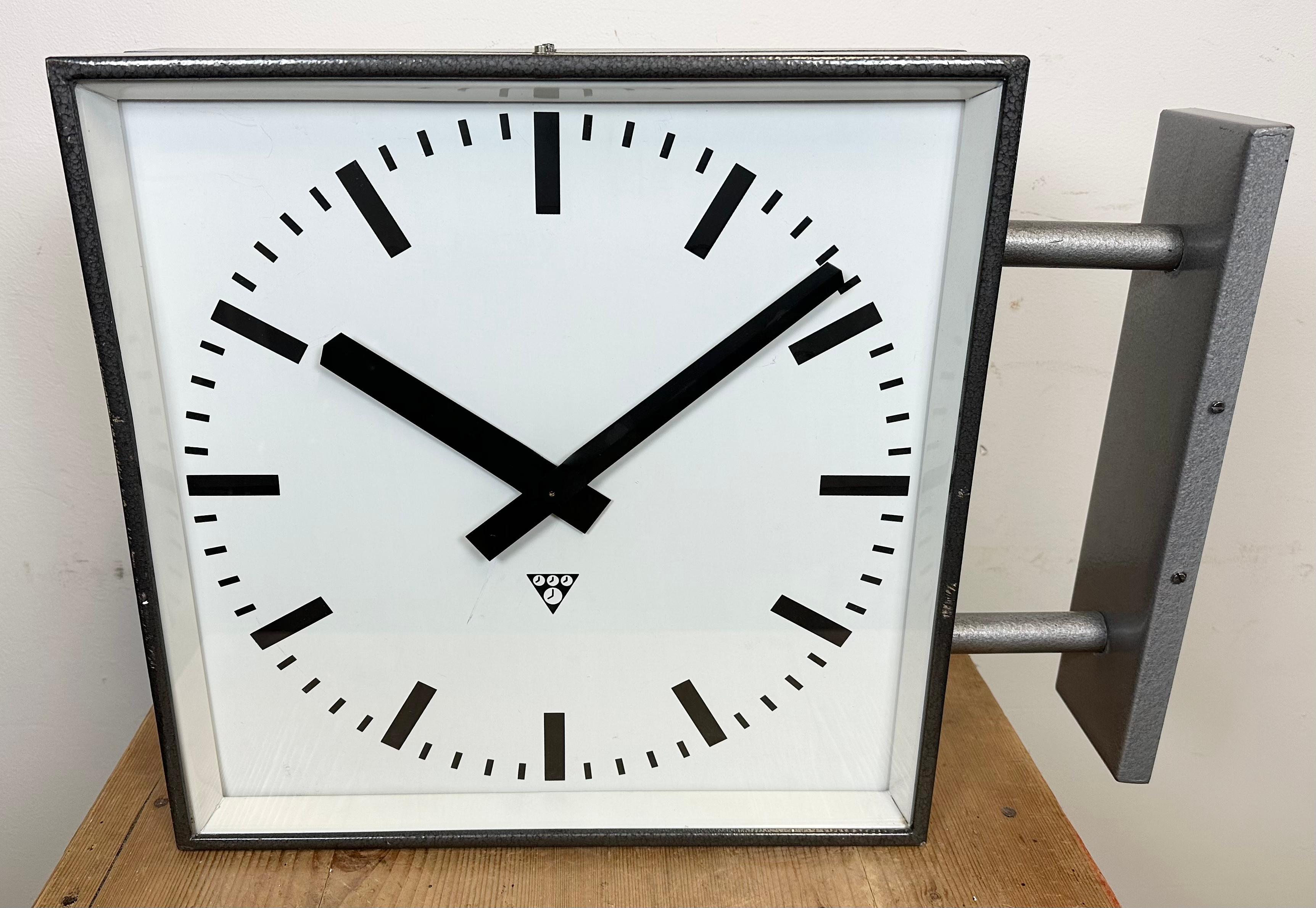 Large Industrial Square Double Sided Factory Wall Clock from Pragotron, 1970s 1