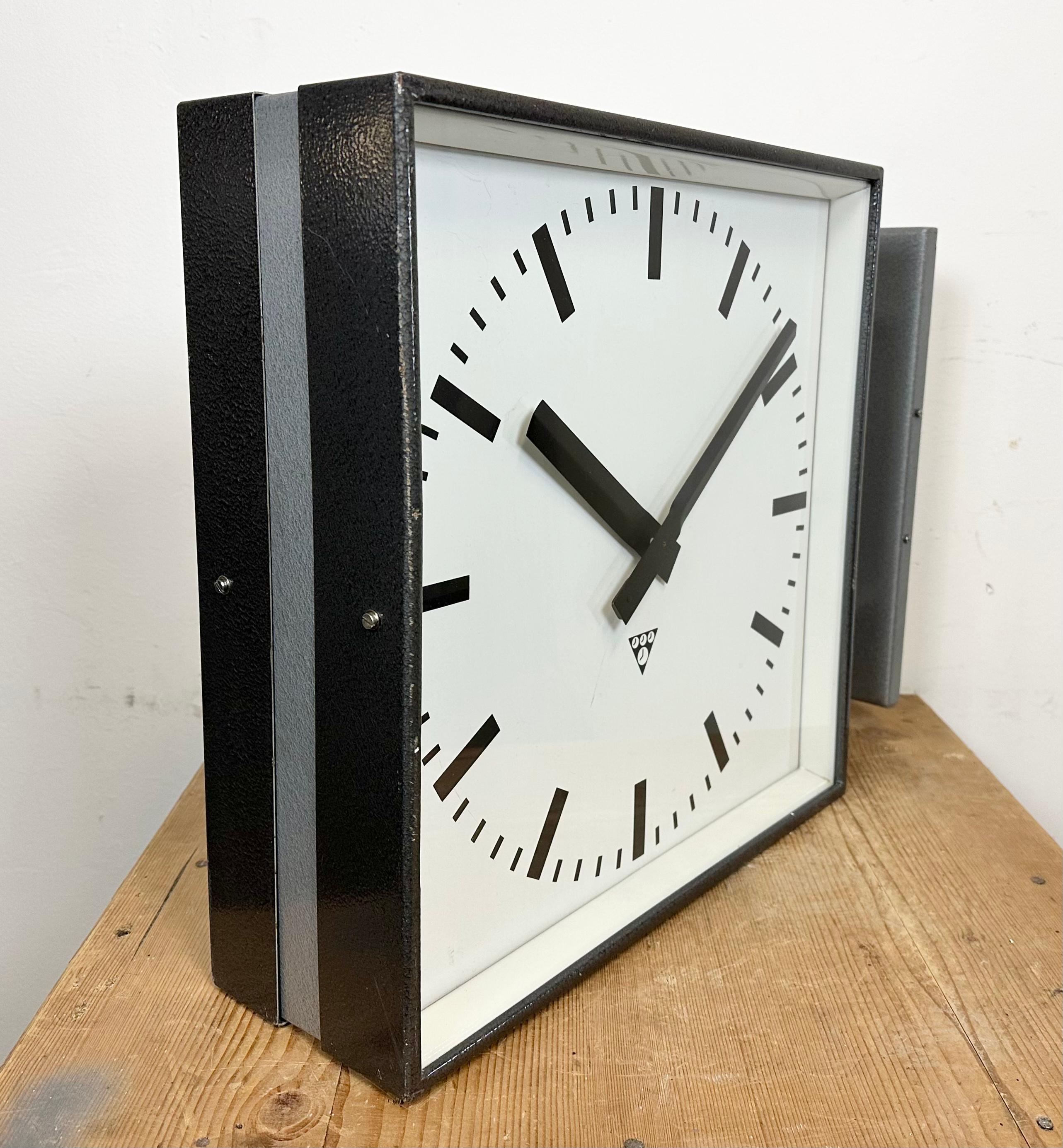 Large Industrial Square Double Sided Factory Wall Clock from Pragotron, 1970s 2