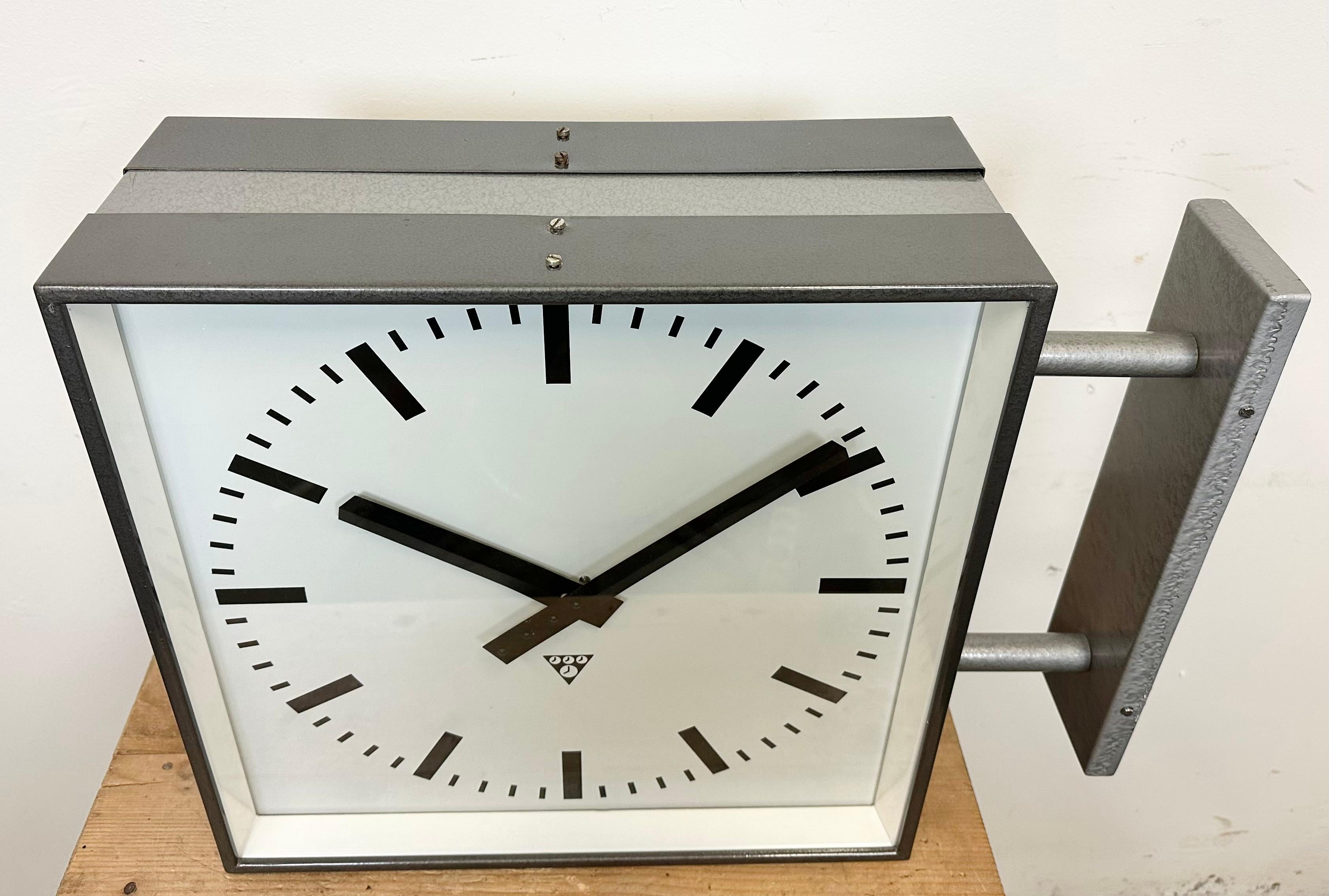 Large Industrial Square Double Sided Factory Wall Clock from Pragotron, 1970s For Sale 1
