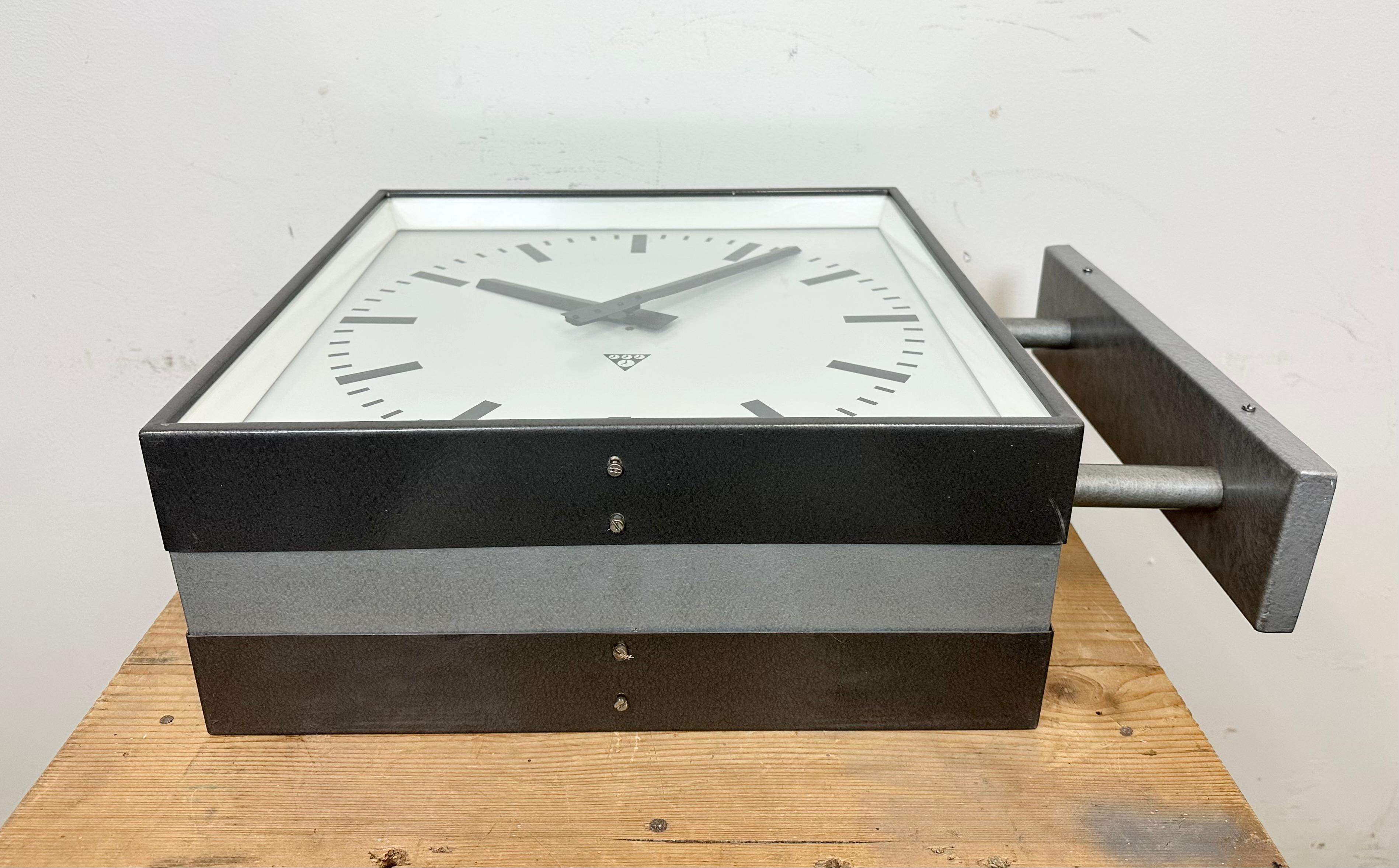 Large Industrial Square Double Sided Factory Wall Clock from Pragotron, 1970s For Sale 2