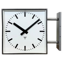 Retro Large Industrial Square Double Sided Factory Wall Clock from Pragotron, 1970s