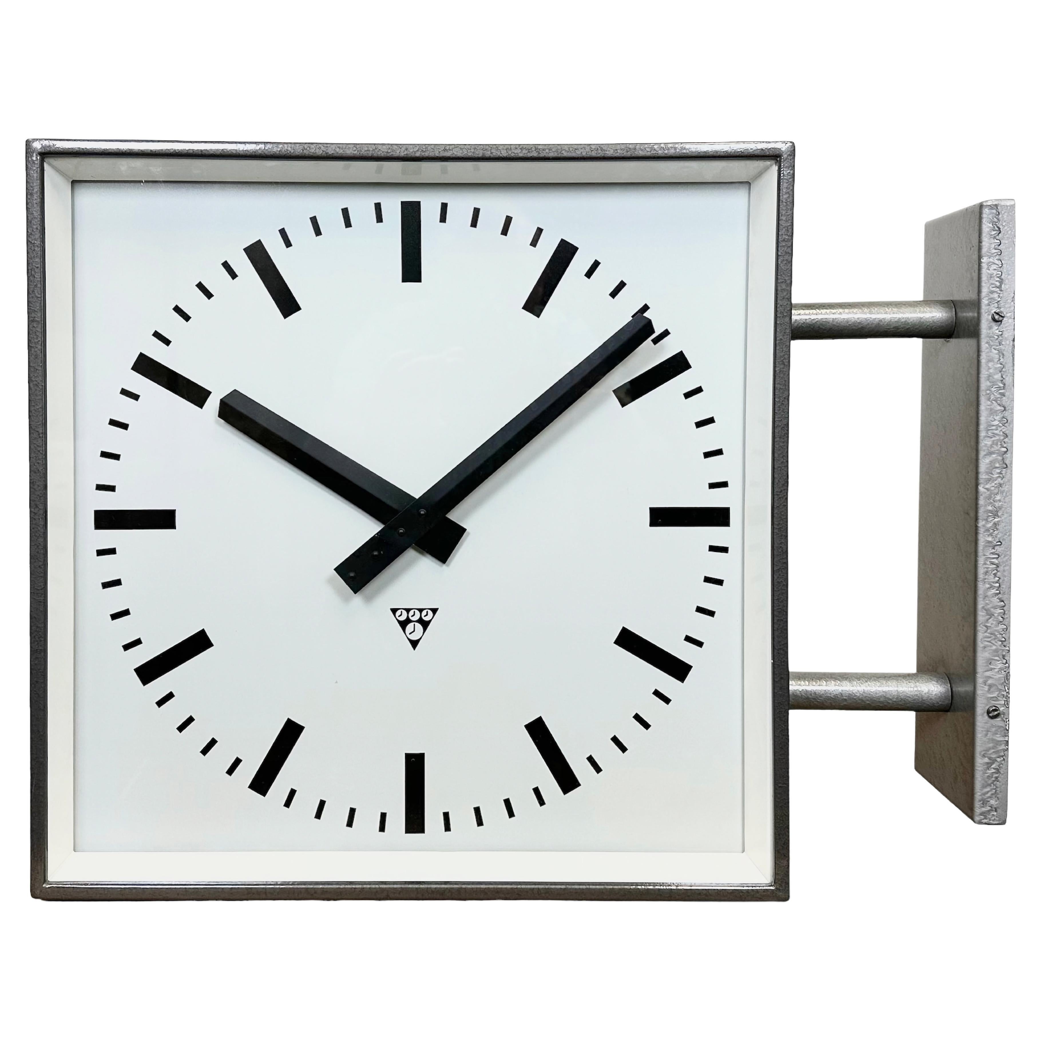 Large Industrial Square Double Sided Factory Wall Clock from Pragotron, 1970s For Sale