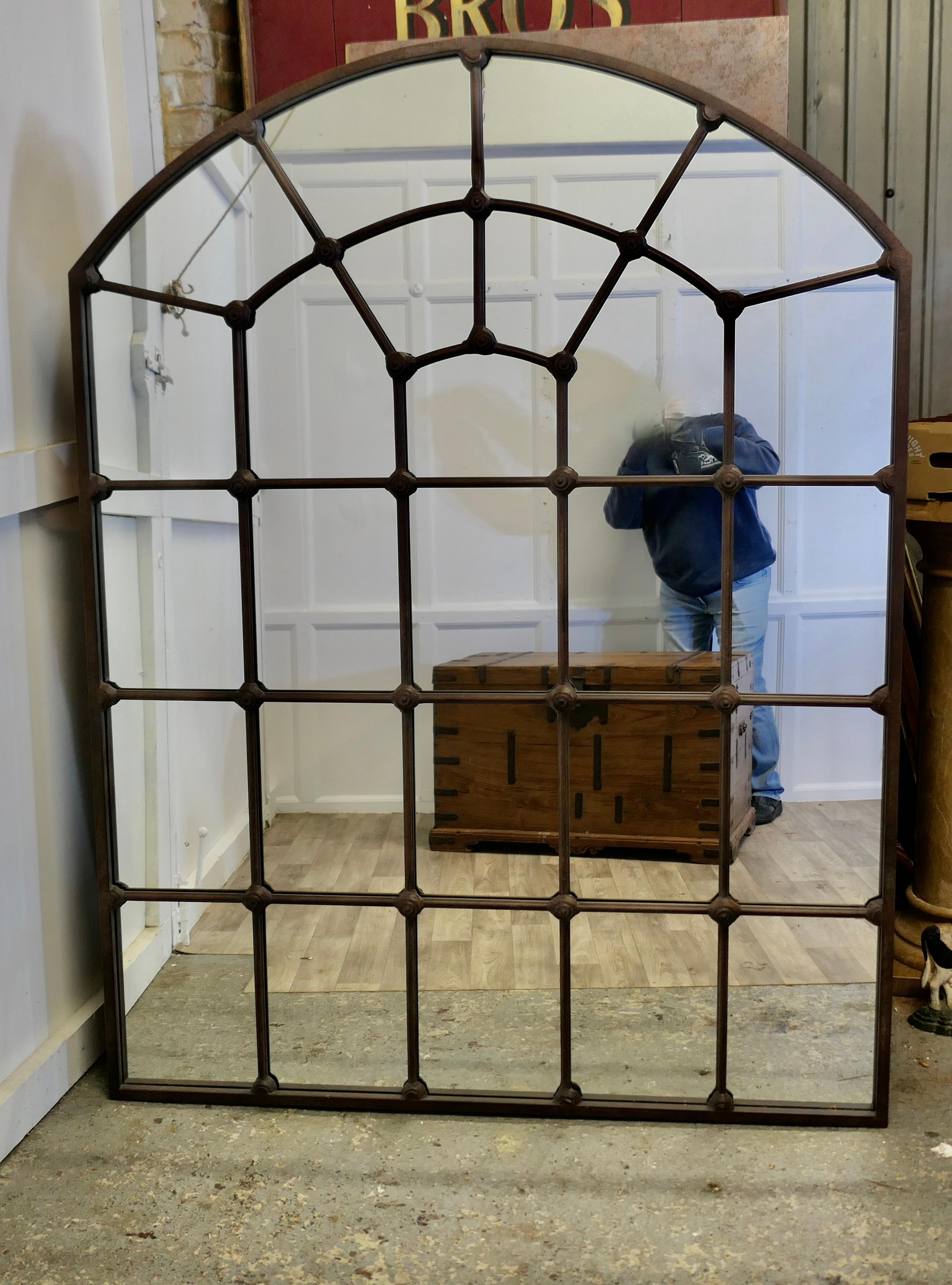 Large Industrial Style Arch Top Window Mirror In Good Condition For Sale In Godshill, Isle of Wight
