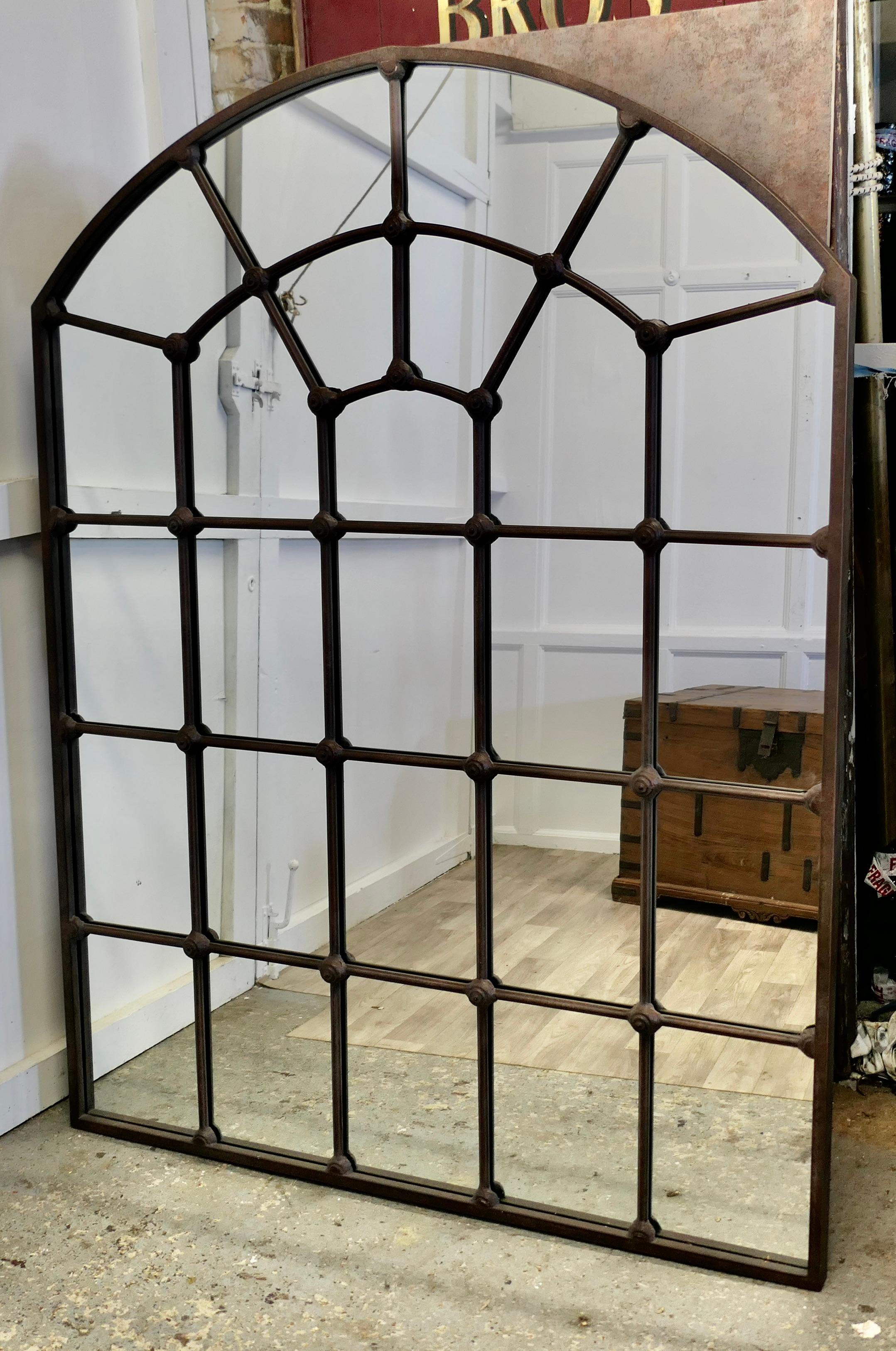 Mid-20th Century Large Industrial Style Arch Top Window Mirror For Sale