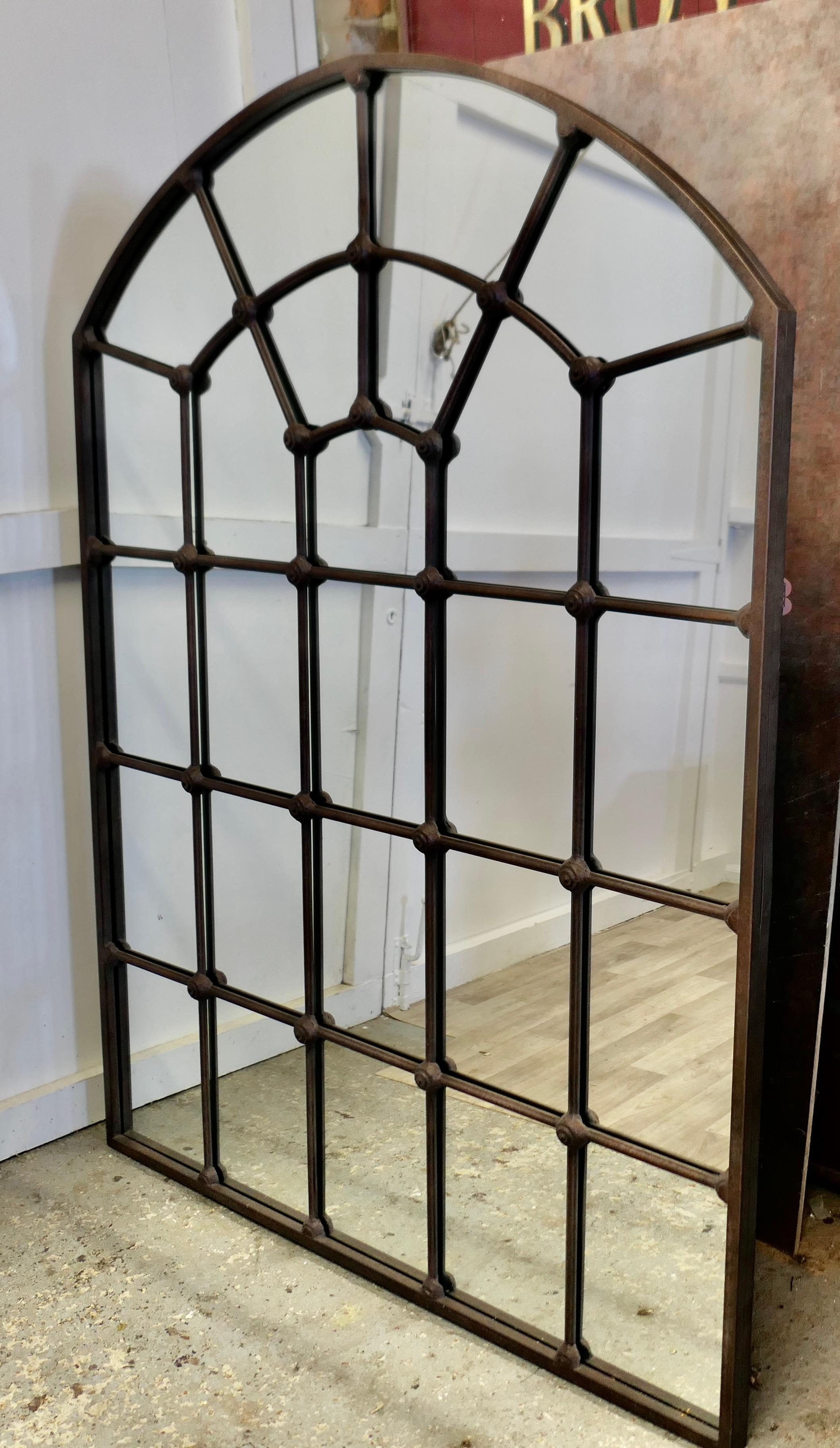 Iron Large Industrial Style Arch Top Window Mirror For Sale