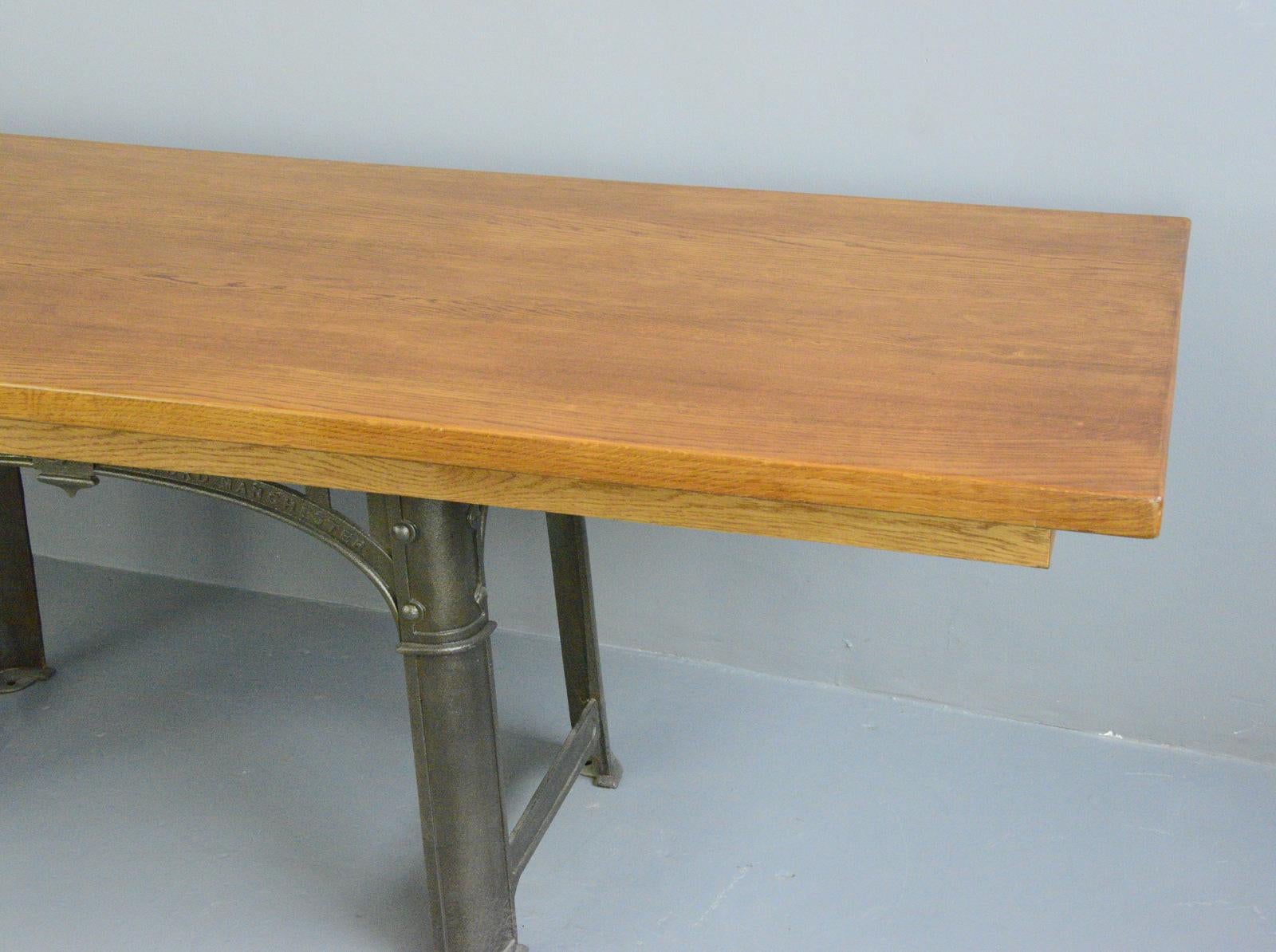 Large Industrial table by Richmond & Chandler, Circa 1910

- Solid oak top
- Cast iron viaduct design base
- Made by Richmond & Chandler, Salford Manchester
- Seats 8-10
- English ~ 1910
- 250cm long x 83cm tall x 89cm deep

Condition