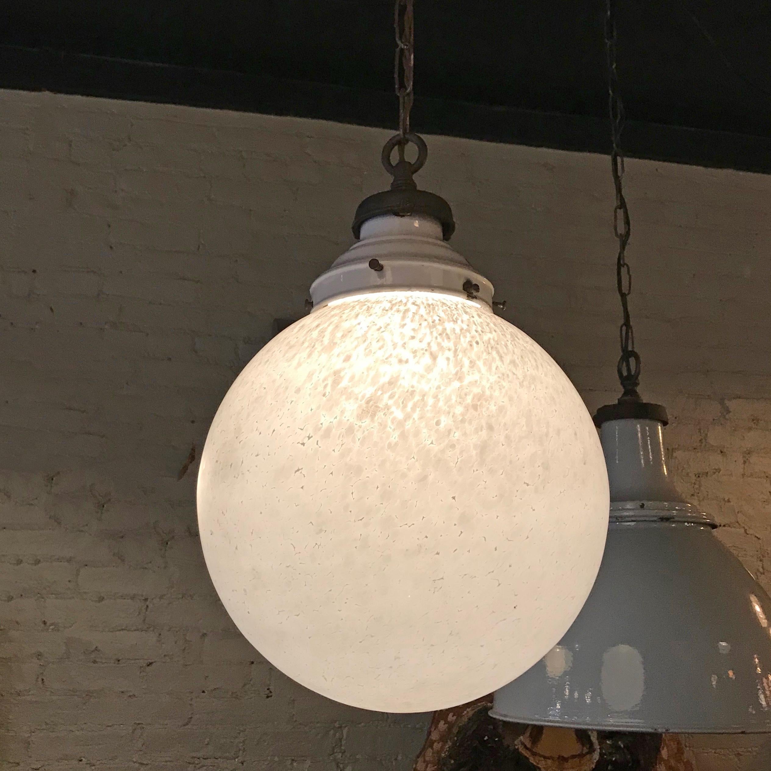 Large Industrial Textured Frosted Glass Globe Pendant Light In Good Condition In Brooklyn, NY
