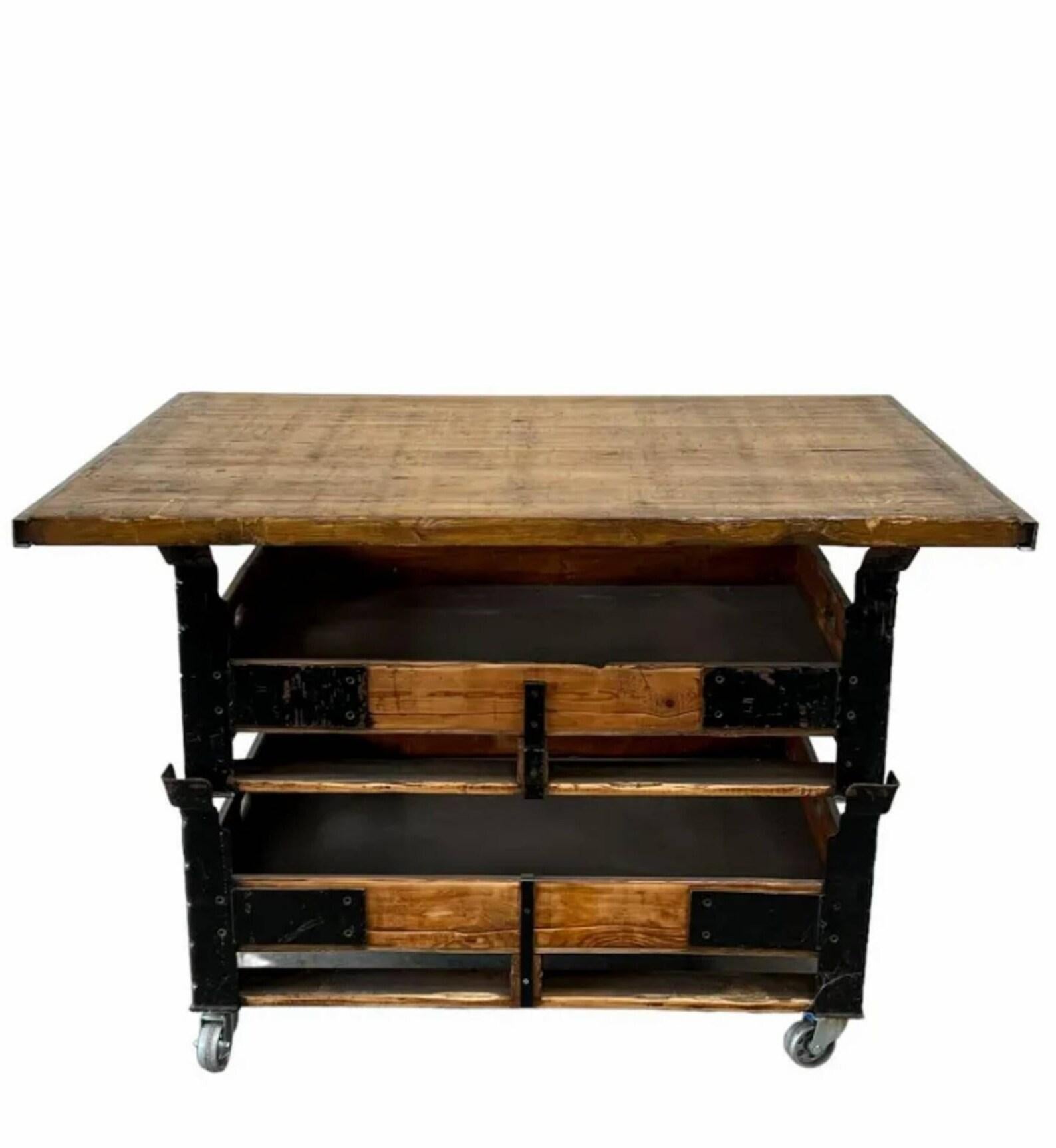 20th Century Large Industrial Work Cart Tiered Kitchen Island