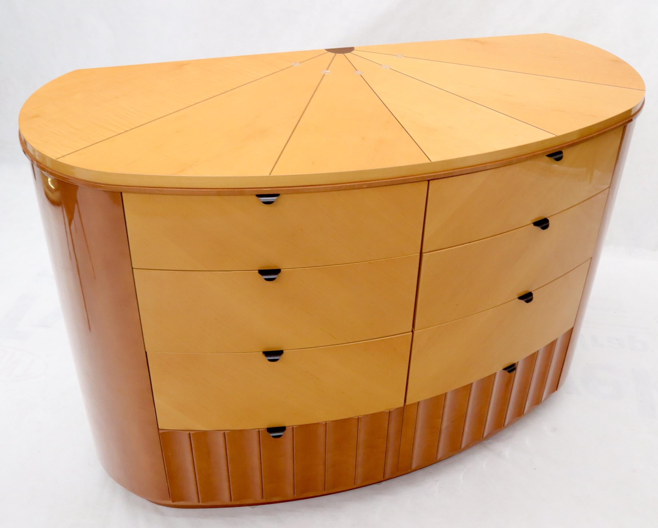 Mid-Century Modern Large Inlaid Oval Kidney Shape Finished Back Dresser with Scallop Base For Sale