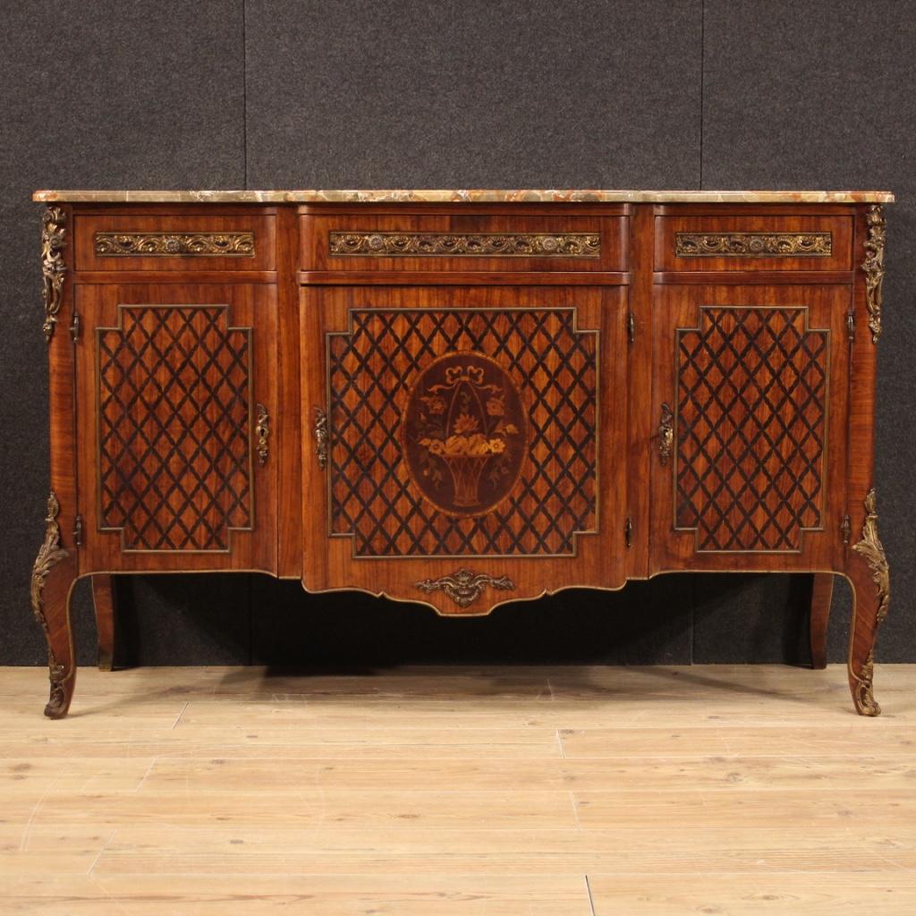 French sideboard from the mid-20th century. Mobile in style Napoleon III richly inlaid in woods of mahogany, walnut, maple, bois de rose, ebonized wood, beech and fruit woods and adorned with bronze and brass gold is chiseled. Sideboard a three