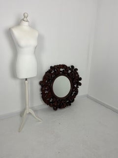 Large Inlaid Walnut Wood Wall Mirror, Made in Italy, 1960s