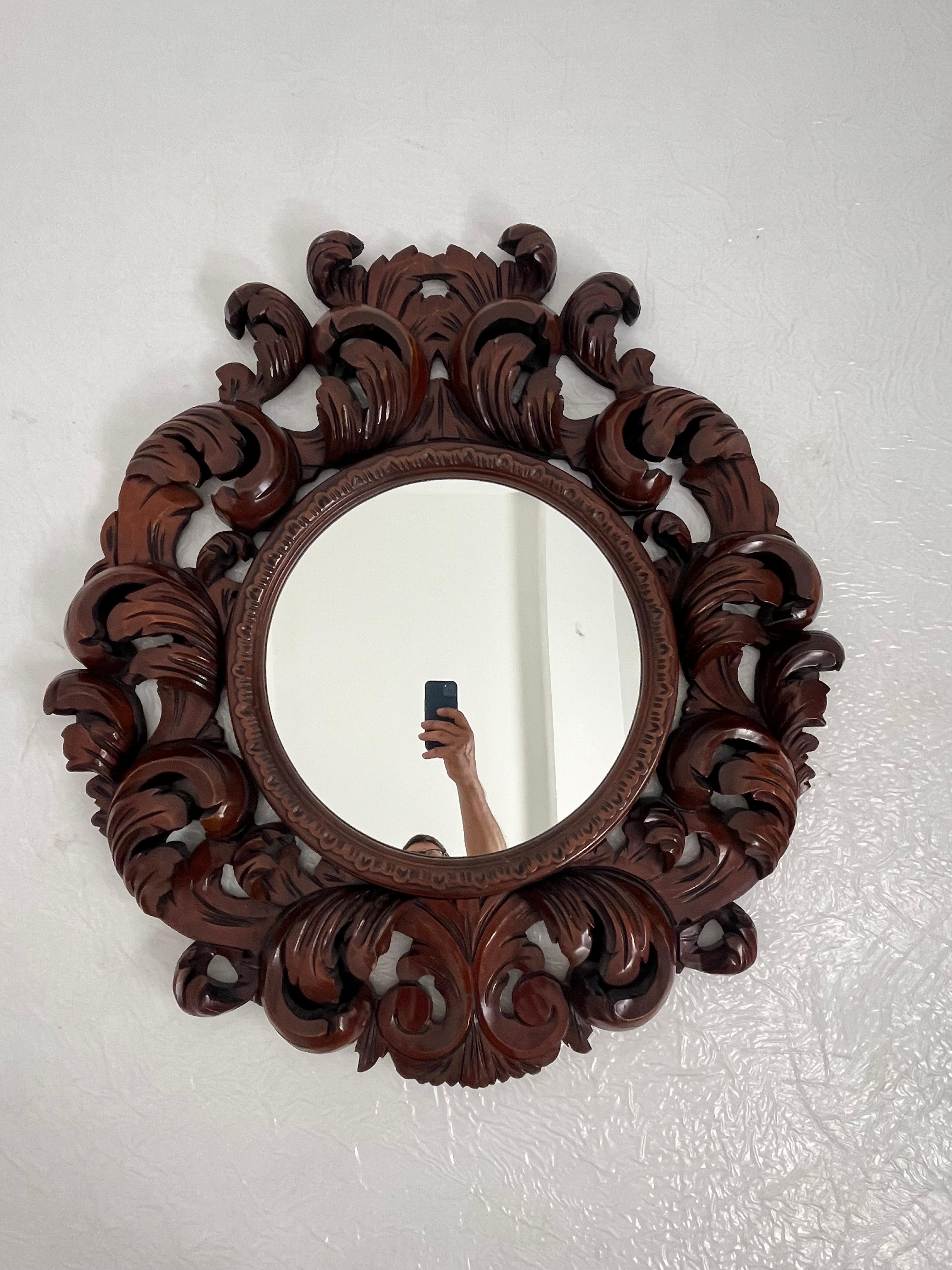 Italian Large Inlaid Walnut Wood Wall Mirror, Made in Italy, 1960s For Sale