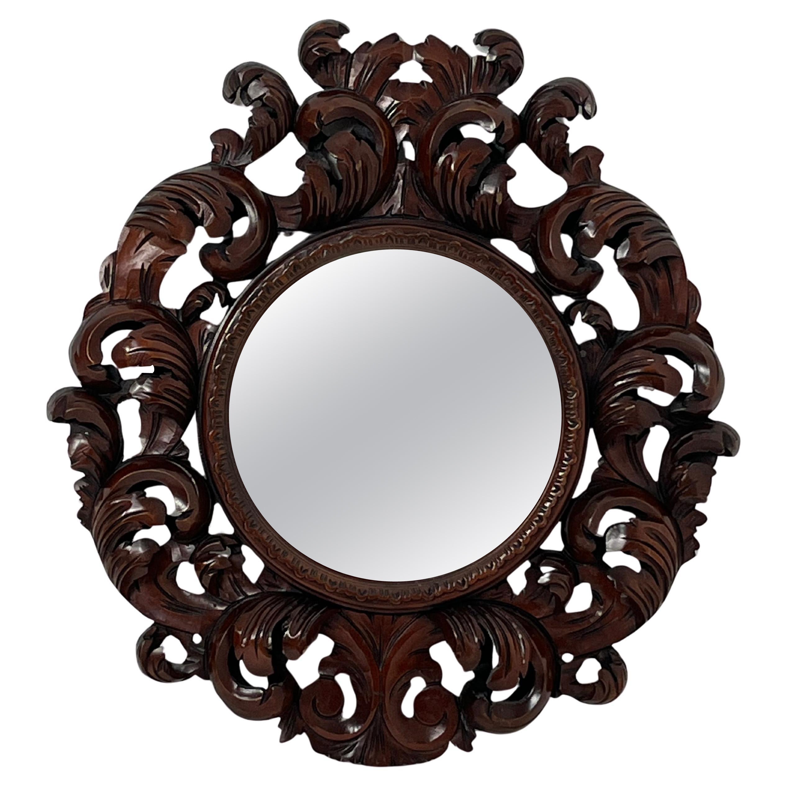 Large Inlaid Walnut Wood Wall Mirror, Made in Italy, 1960s For Sale