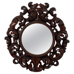 Large Inlaid Walnut Wood Wall Mirror, Made in Italy, 1960s