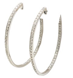 Large Inside-Outside Pavé Diamond Oval Hoop Earrings in 14 Karat White Gold