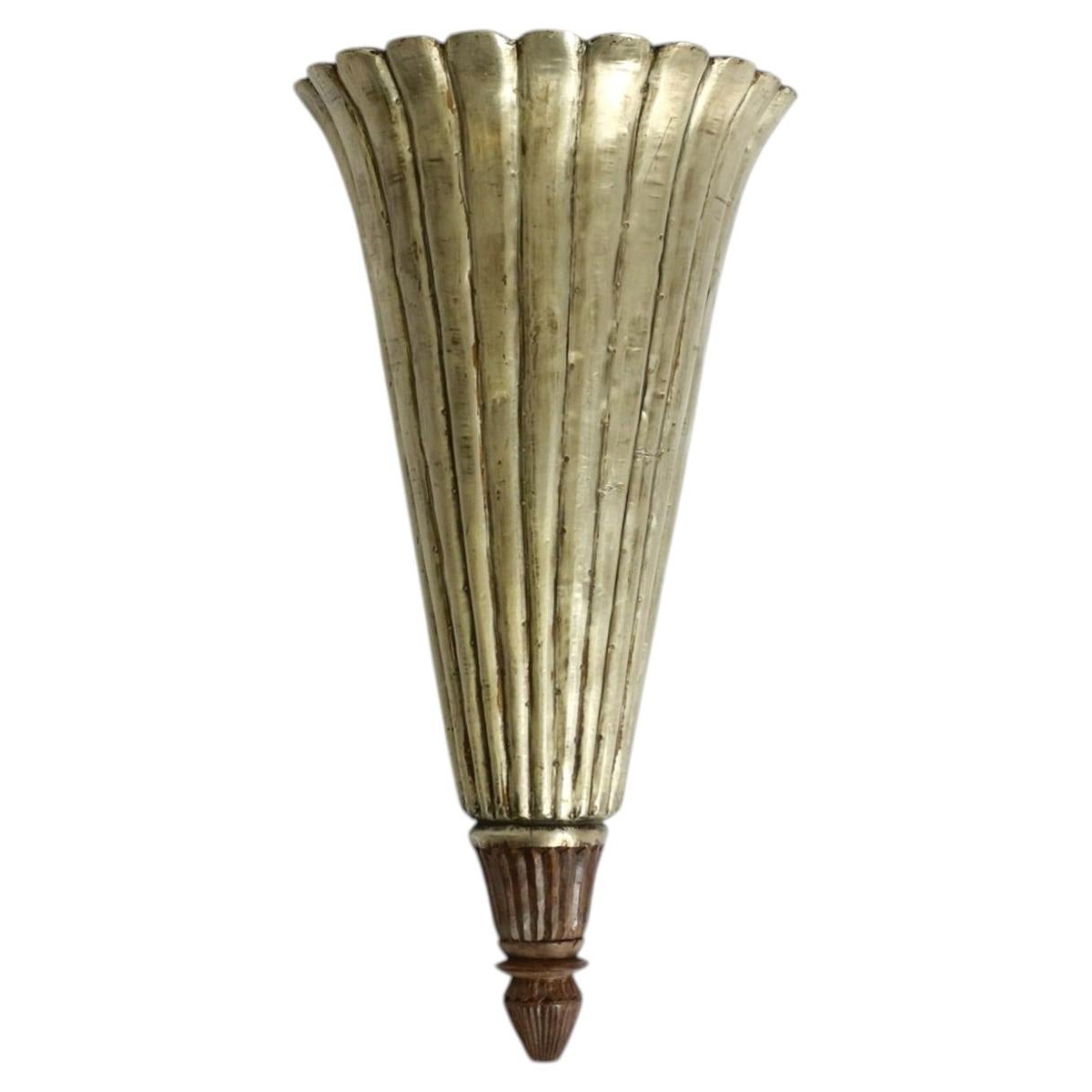 Large, interesting, long 1950s wall lamp made of wood covered with aluminum For Sale