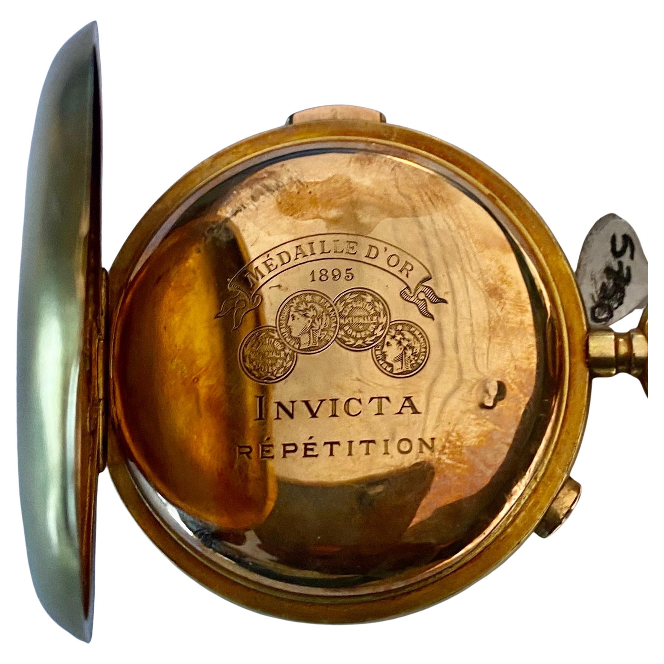 Old European Cut Large Invicta Diamond Crown 14k Gold Minute Repeater Chronograph Pocket Watch For Sale