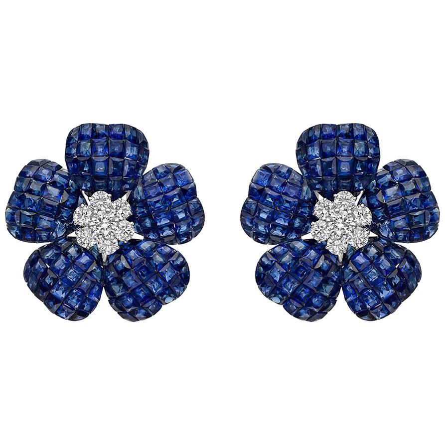 Large Invisibly-Set Sapphire and Diamond Flower Earrings For Sale