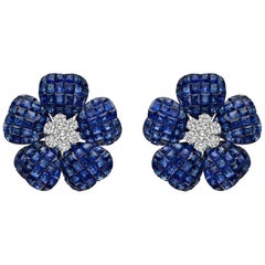 Large Invisibly-Set Sapphire and Diamond Flower Earrings