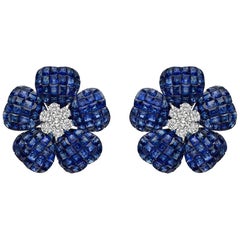 Large Invisibly-Set Sapphire and Diamond Flower Earrings