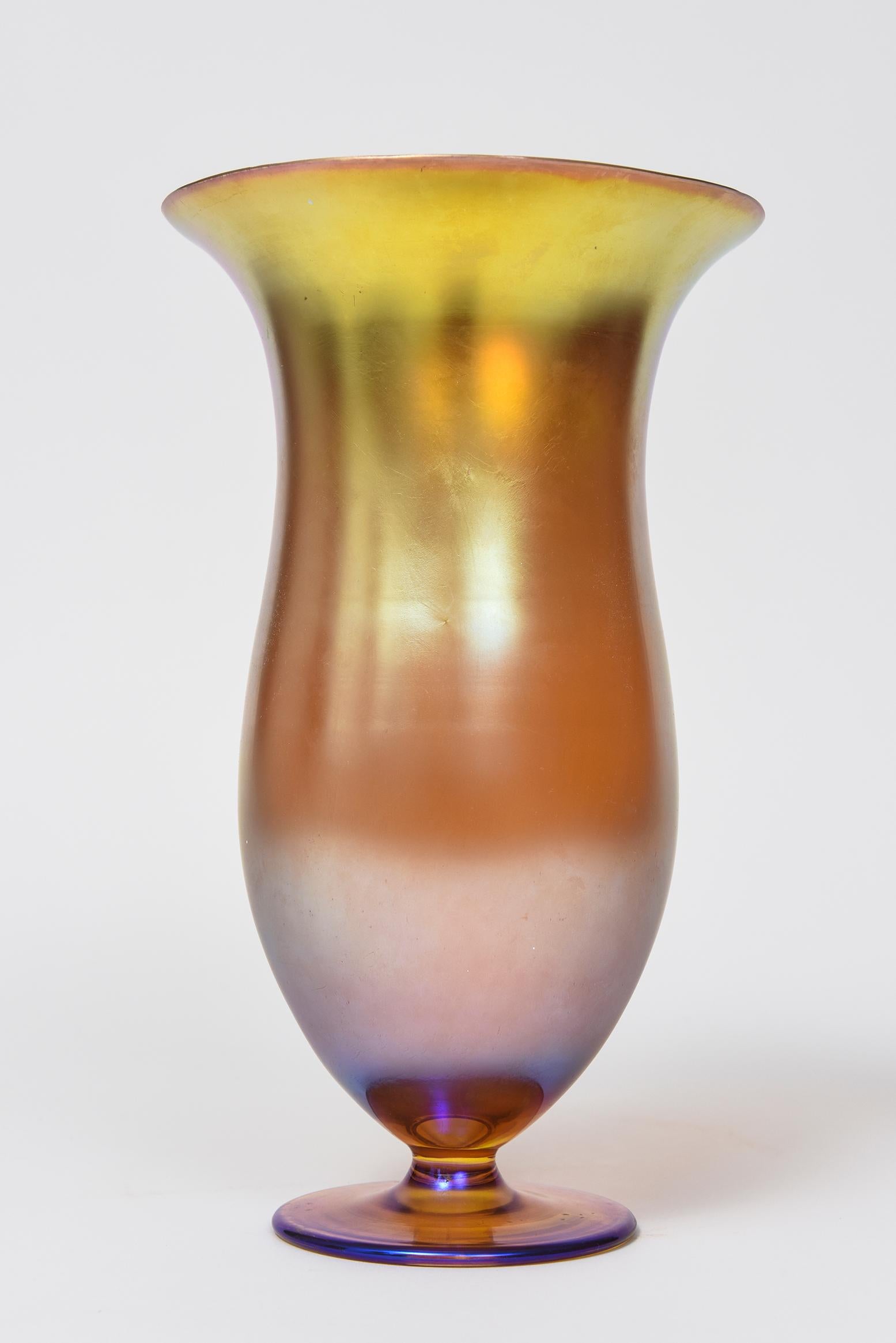 Mid-20th Century Large Iridescent Art Deco Footed Myra Art Glass Vase Attributed to WMF