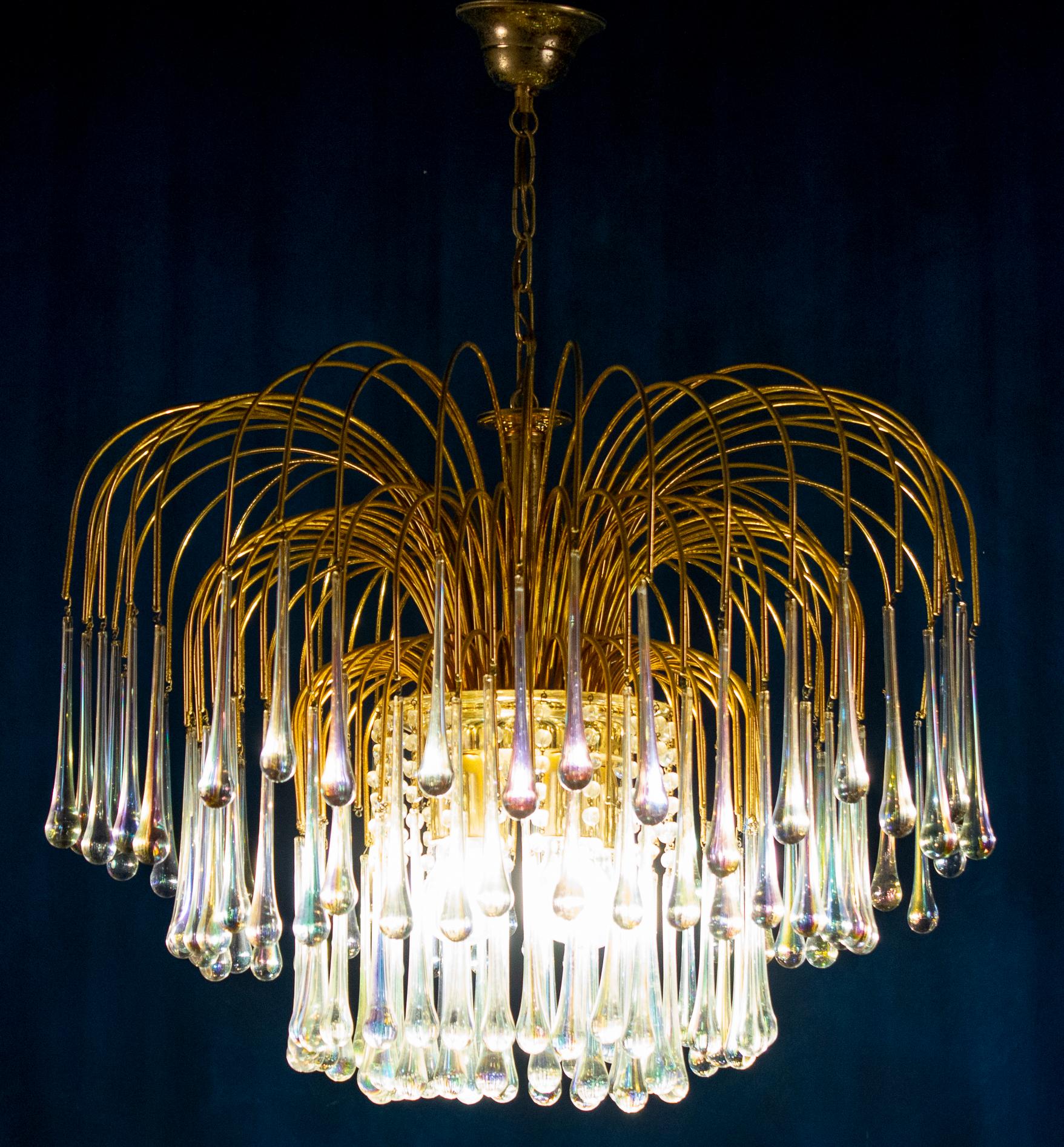 Large Iridescent Murano Glass Drops Chandelier Venini Style 1970s 3