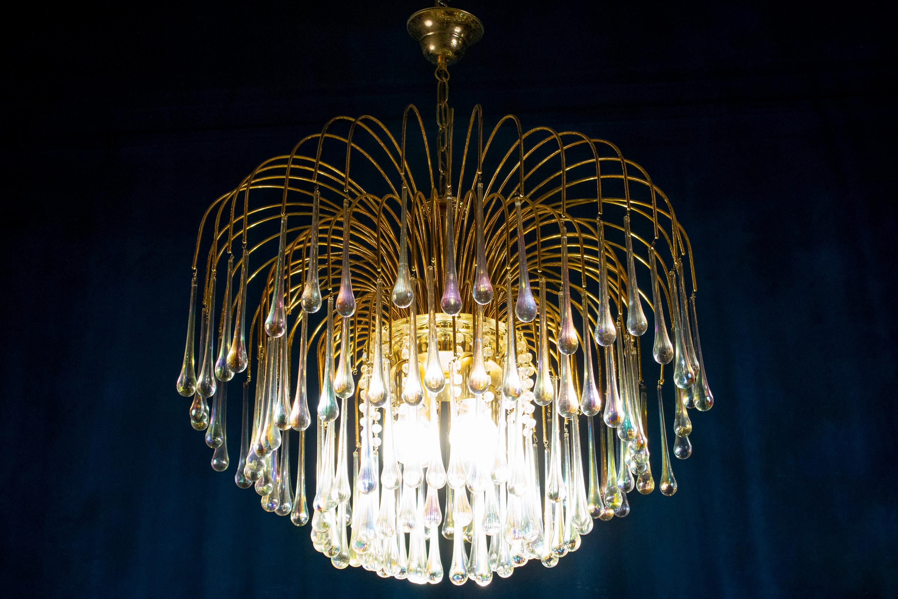Large Iridescent Murano Glass Drops Chandelier Venini Style 1970s 4