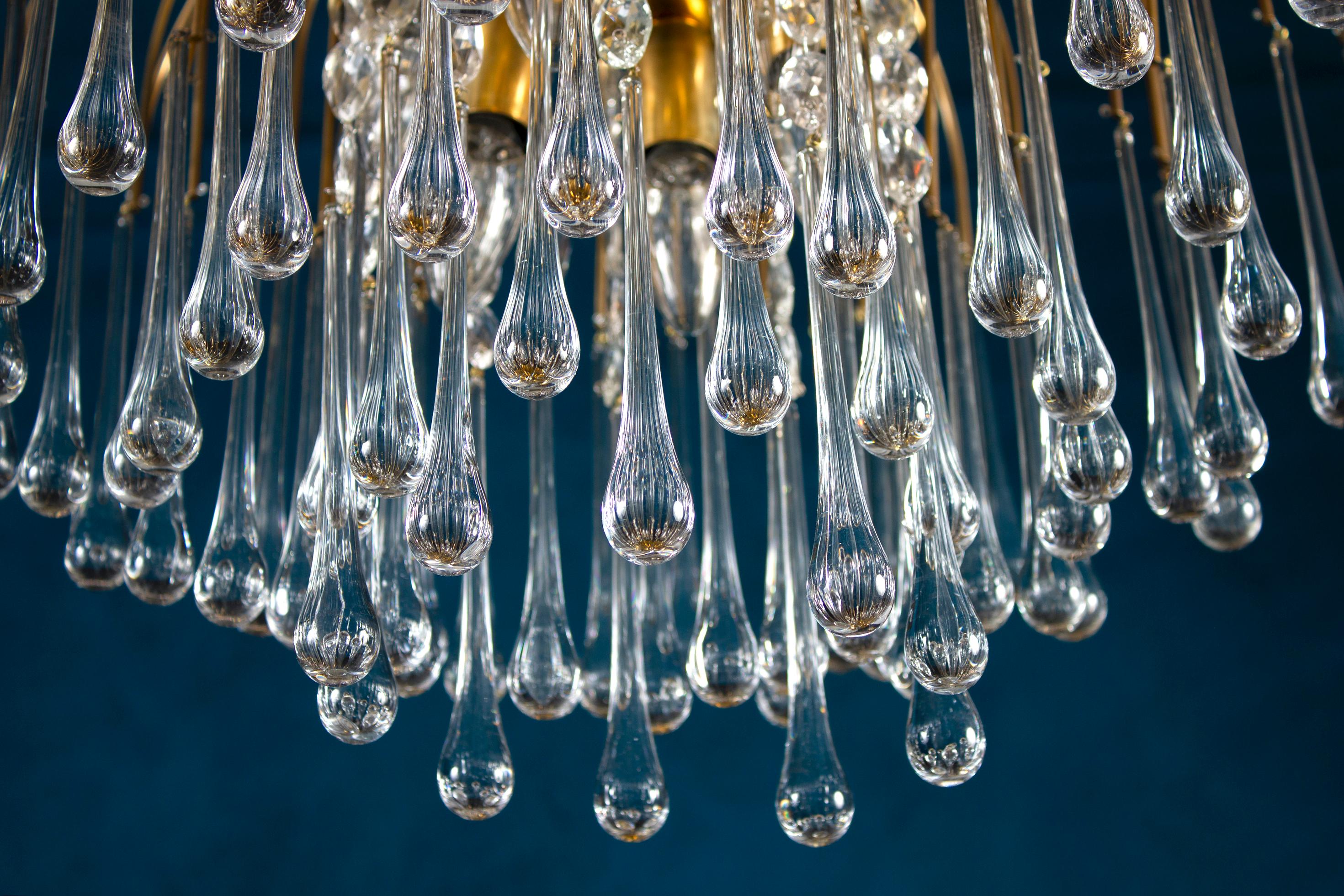 Gran Lámpara de Gotas de Cristal de Murano Iridiscente Estilo Venini Años 70 Metal en venta