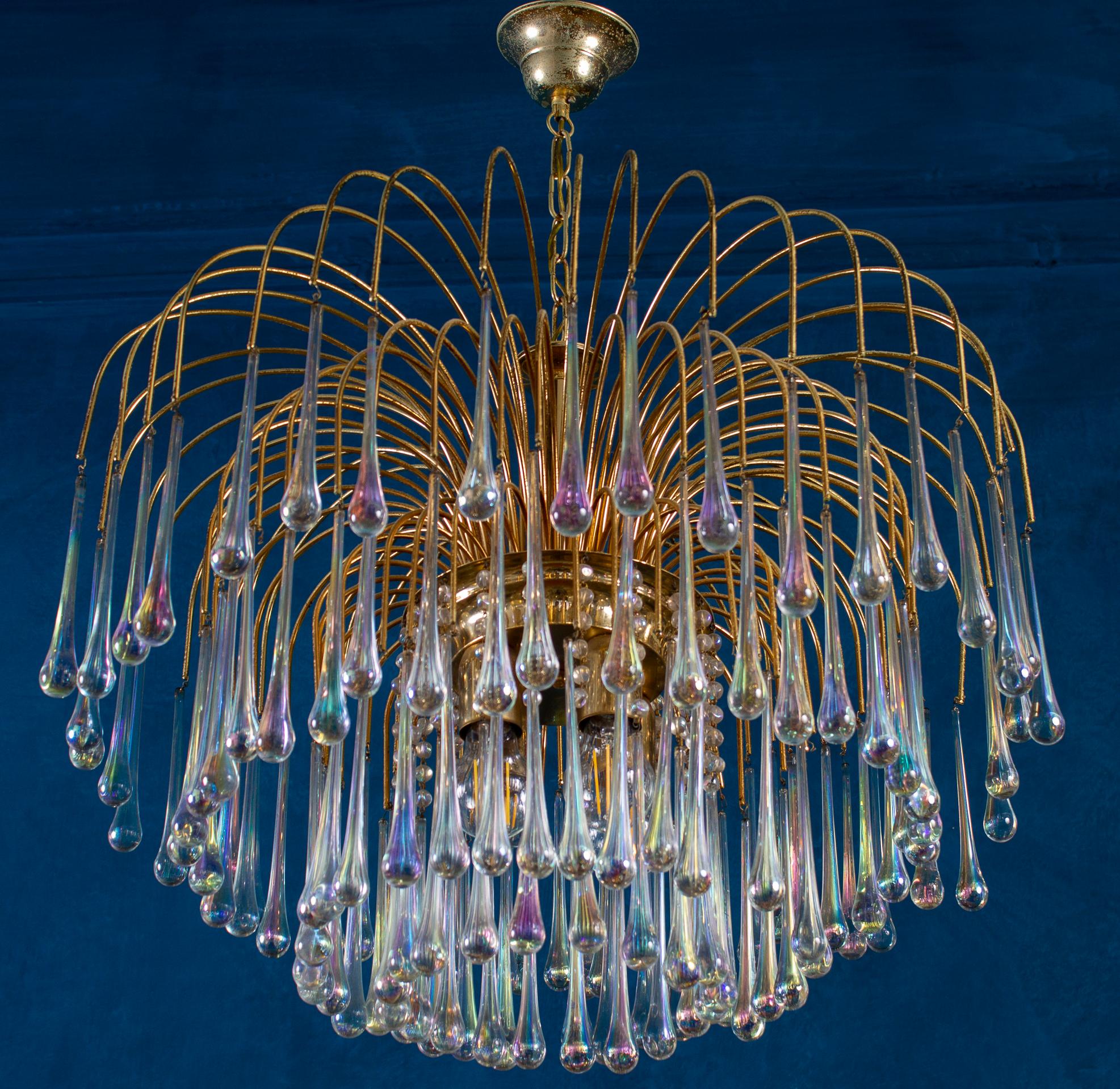 Large Iridescent Murano Glass Drops Chandelier Venini Style 1970s 1