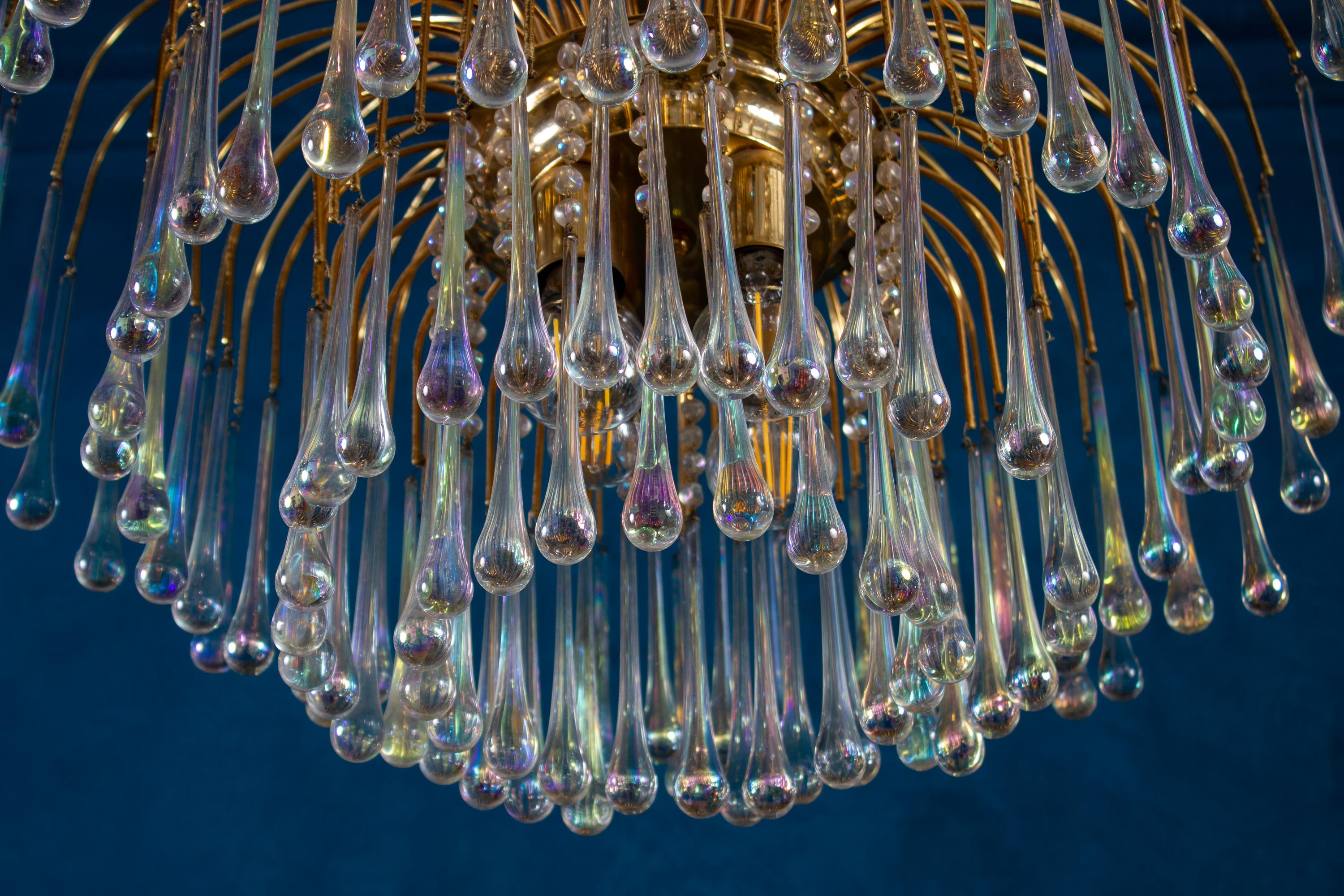 Large Iridescent Murano Glass Drops Chandelier Venini Style 1970s 2